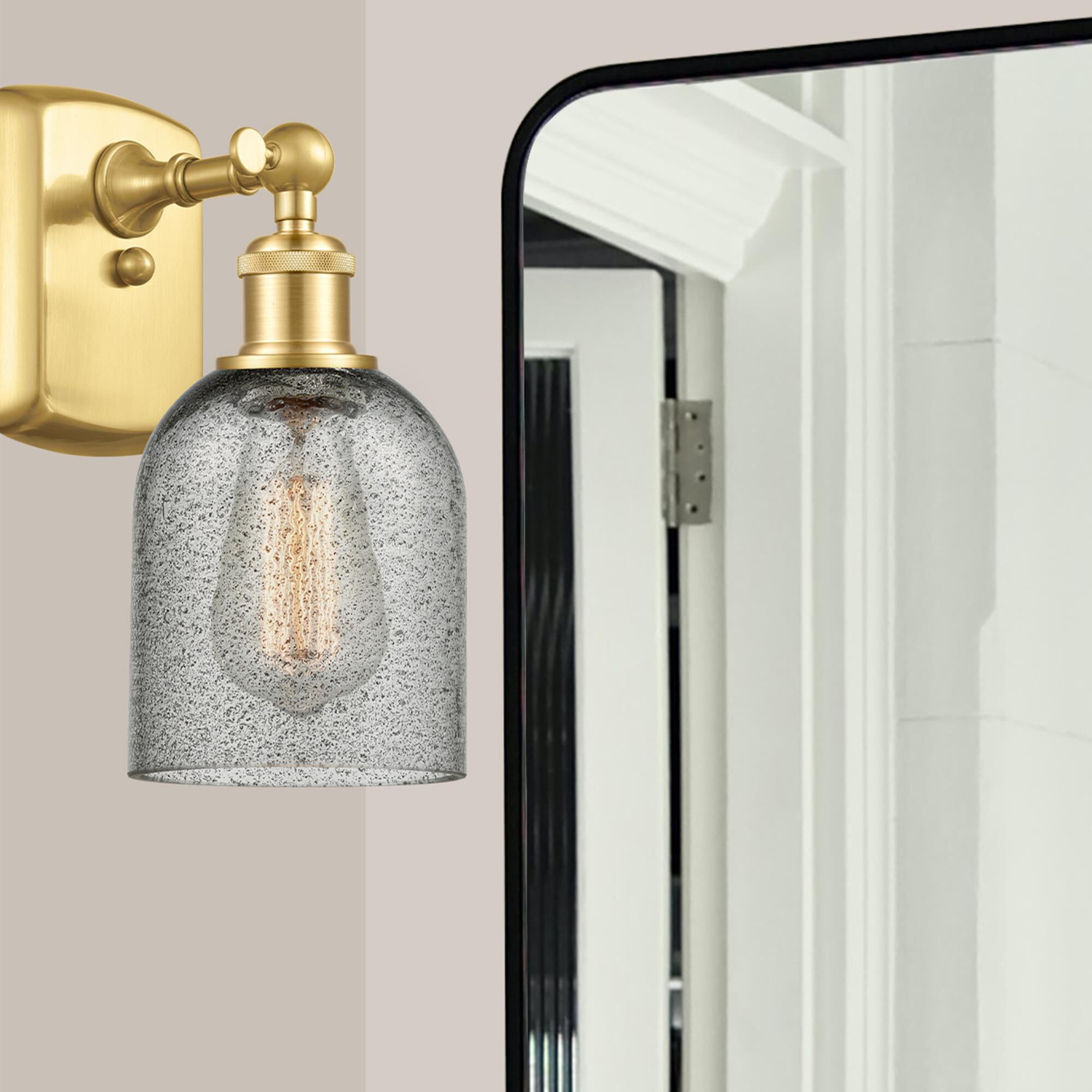 Shown in Satin Gold finish and Charcoal Caledonia glass