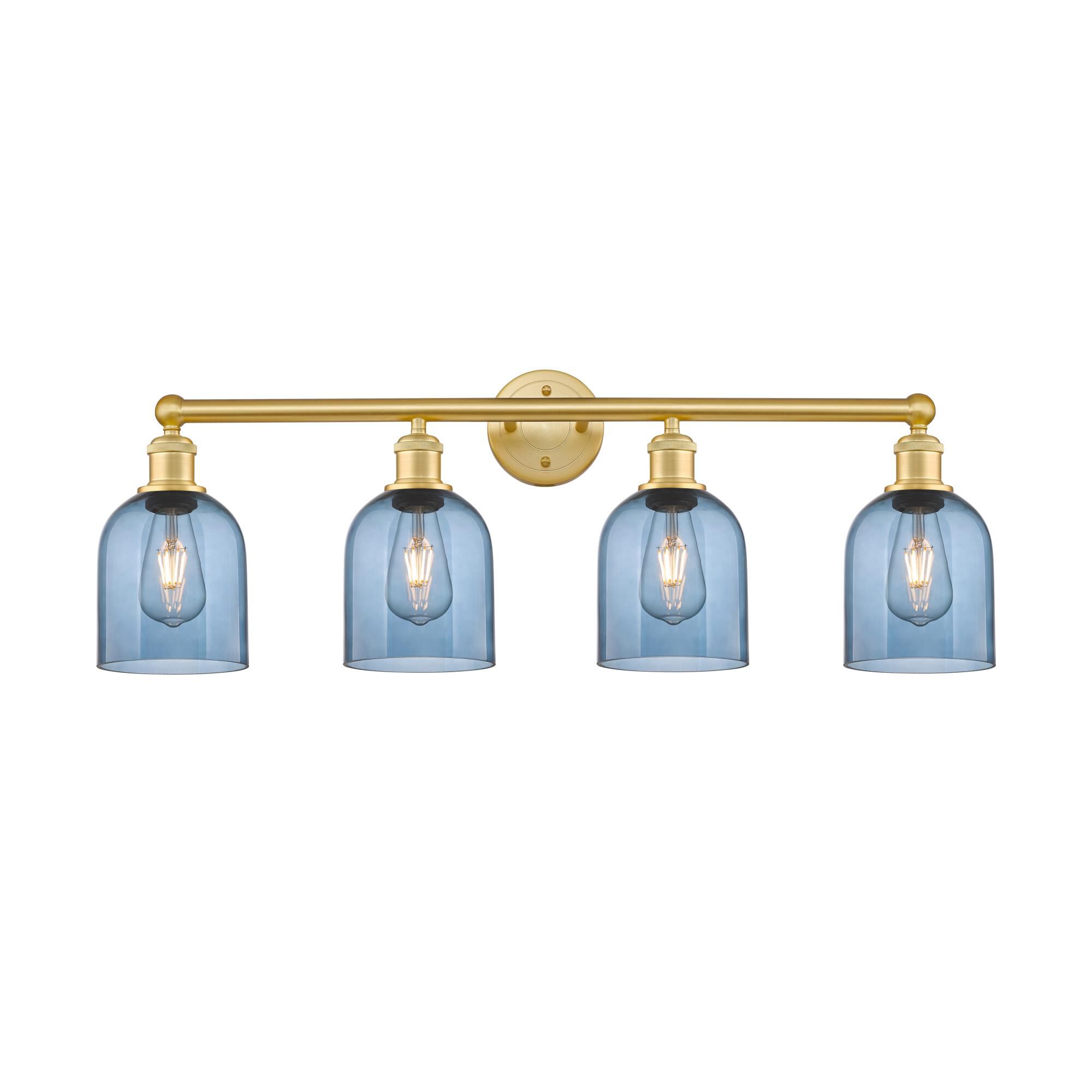 Shown in Satin Gold finish and Princess Blue glass