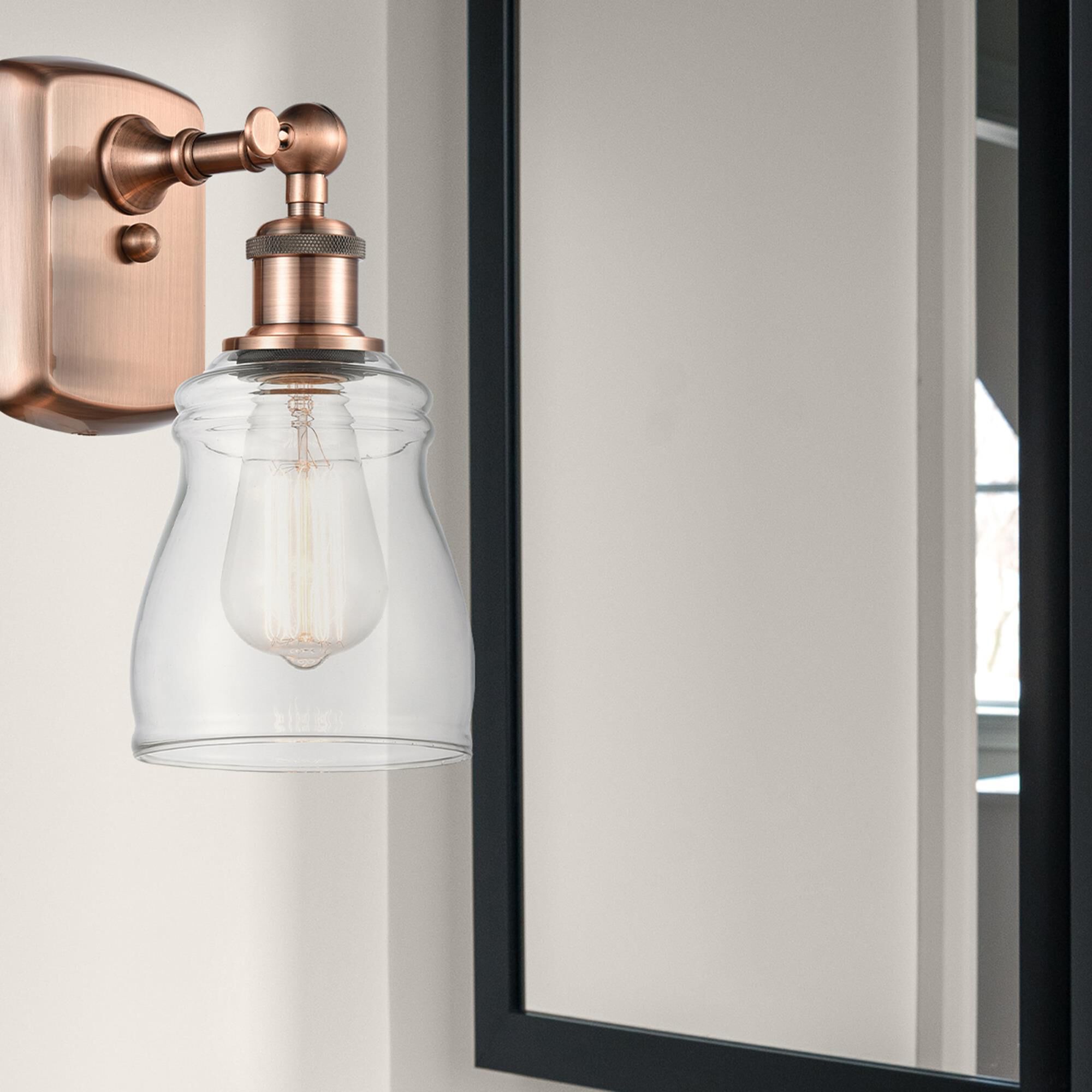 Shown in Antique Copper finish and Transparent Clear Ellery glass and Glass shade and Bulb Tint - Amber accent