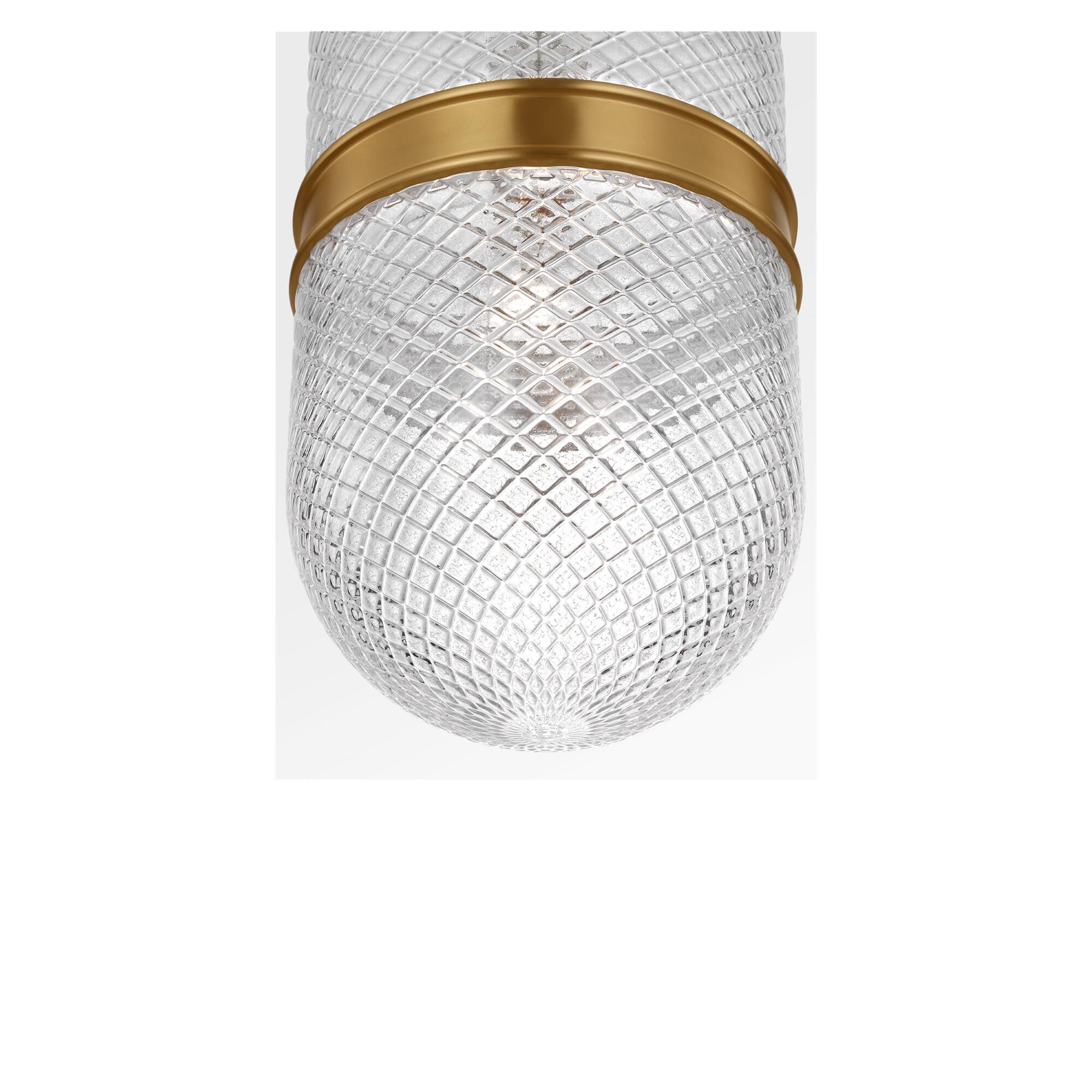 Shown in Burnished Brass finish and Textured Transparent Prismatic glass