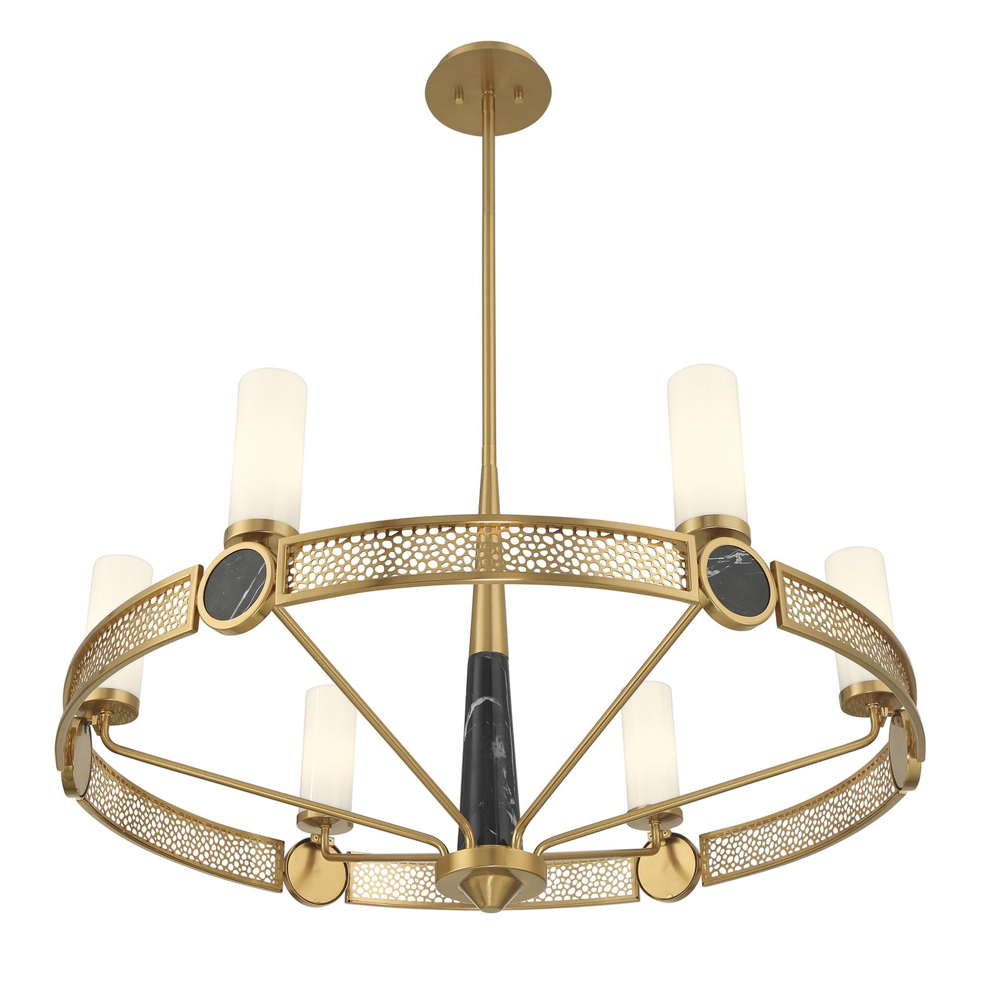 Shown in Warm Brass finish and White Opal glass and Black Marble accent