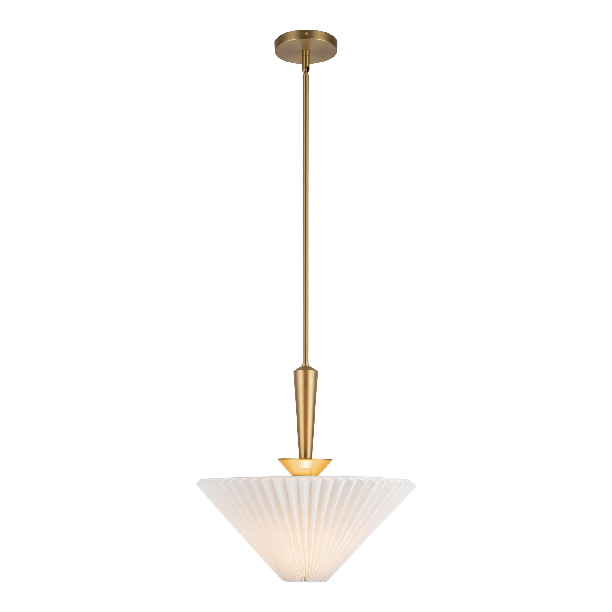 Shown in Brushed Gold finish and White Acrylic Diffuser glass and White Folded Linen shade