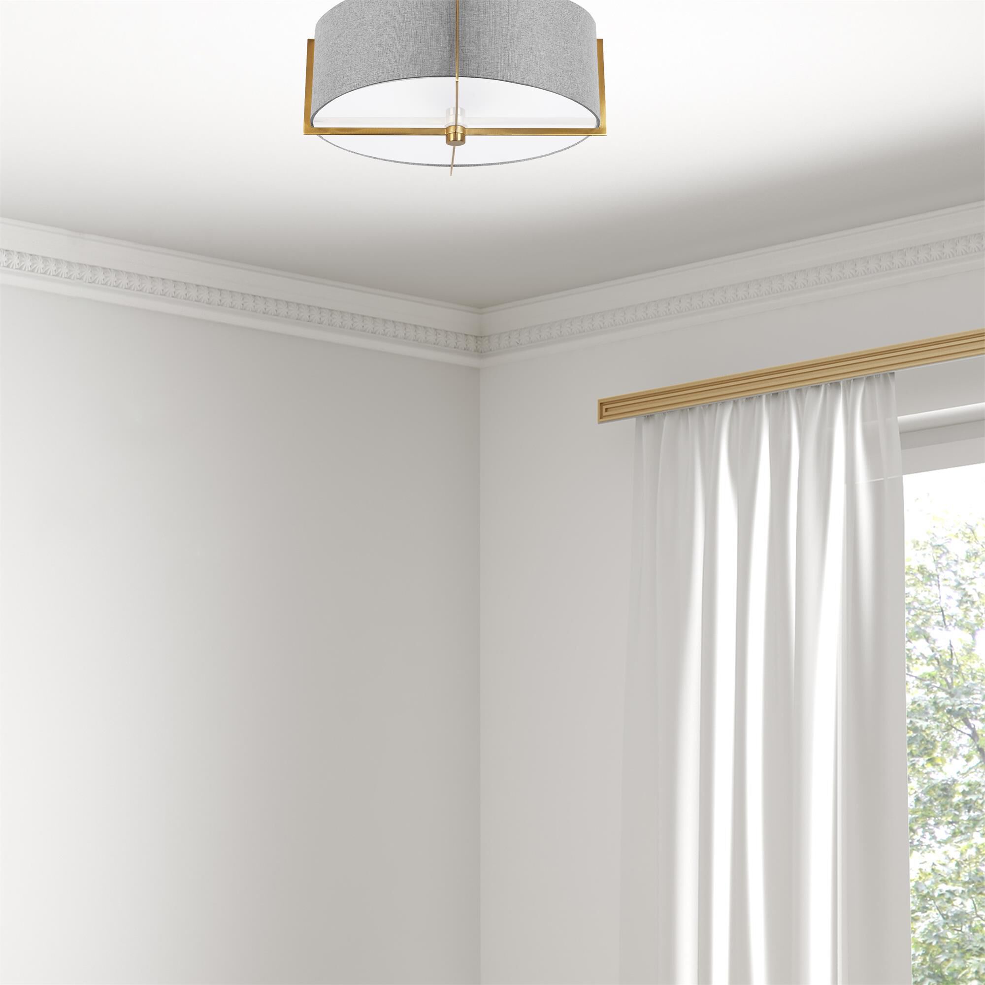Shown in Grey and Aged Brass finish and Fabric Gray Drum shade