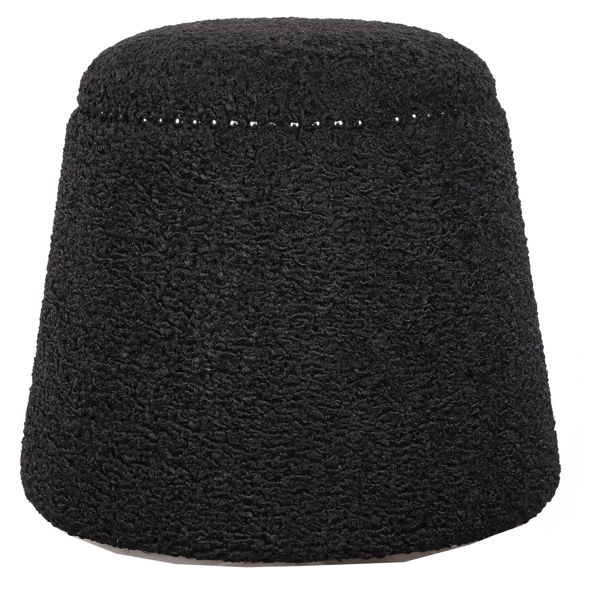 Shown in This Plush Ottoman Is Covered In A Luxurious Faux Black Shearling With Black Nickel Nail Head Detail finish