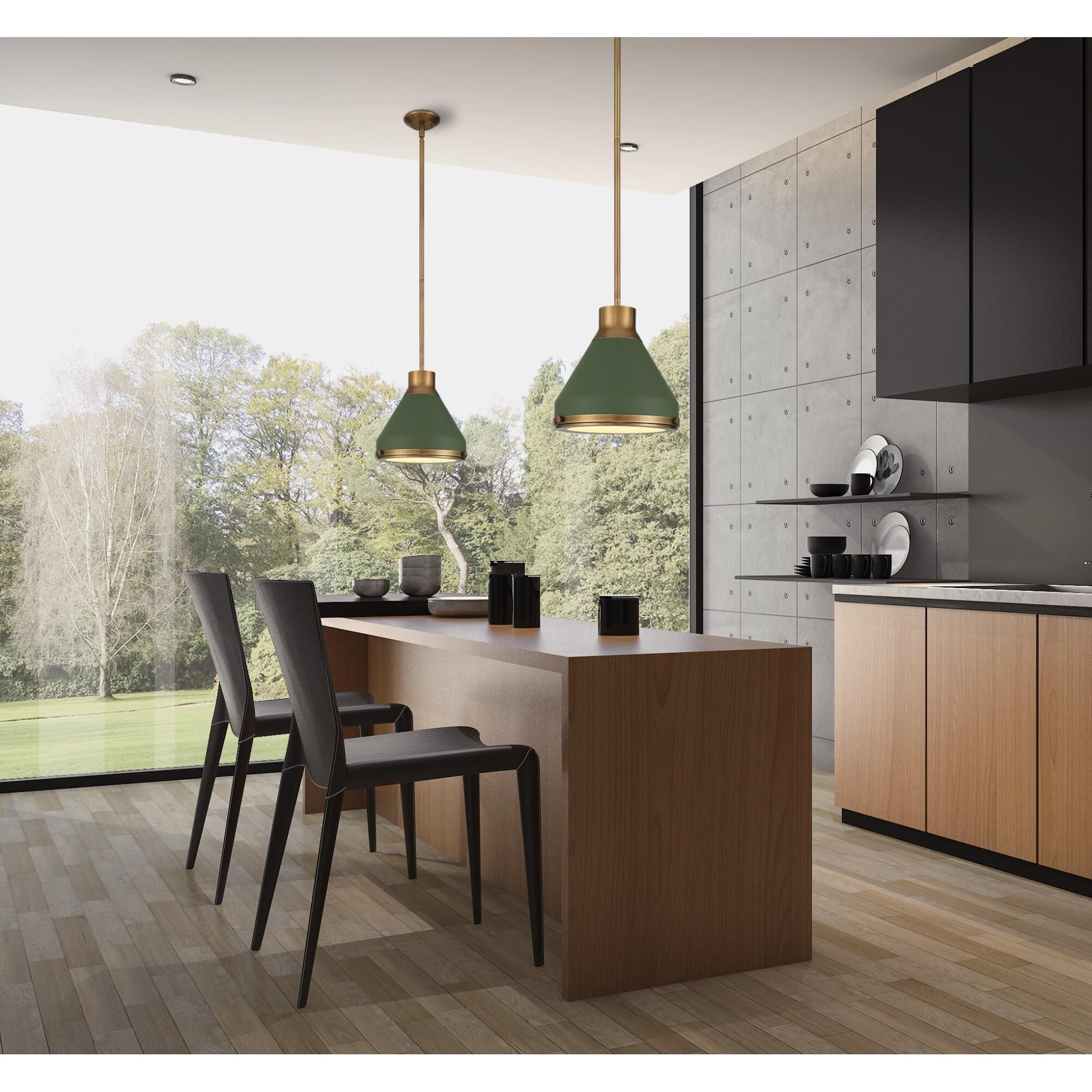 Shown in Natural Brass finish and Etched glass and Natural Brass, Matte Green shade
