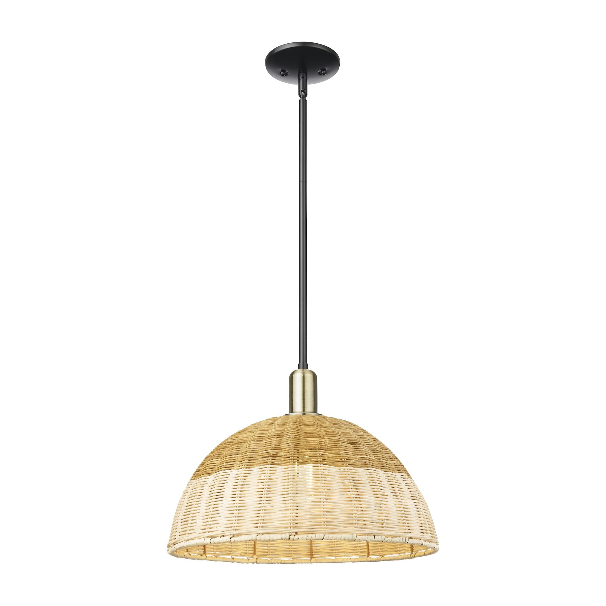 Shown in Black Antique Brass finish and Natural Fiber shade