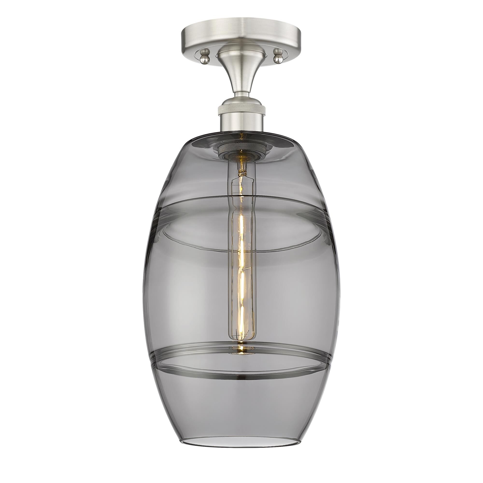 Shown in Brushed Satin Nickel finish and Light Smoke glass