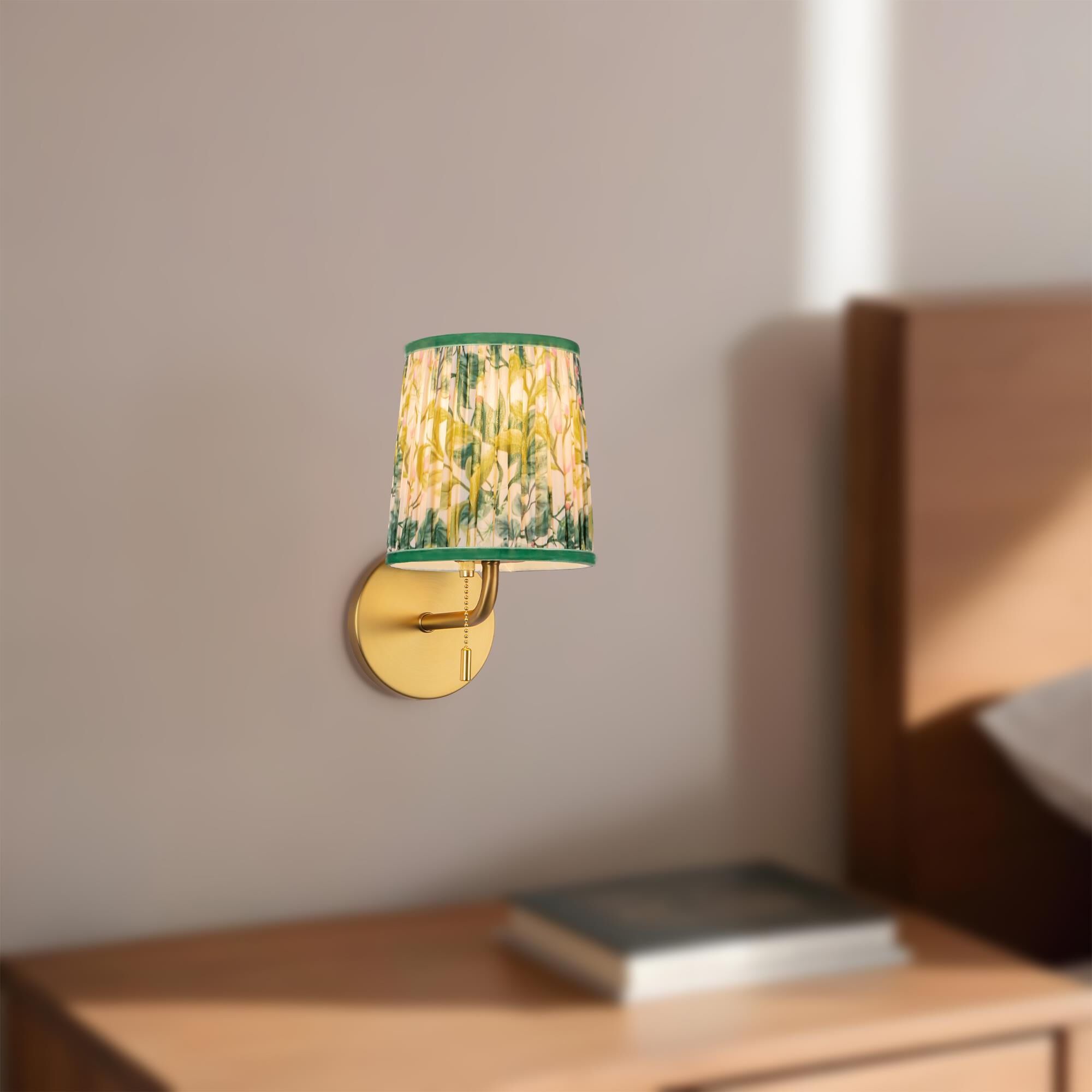 Shown in Brushed Gold finish and Green Linen shade