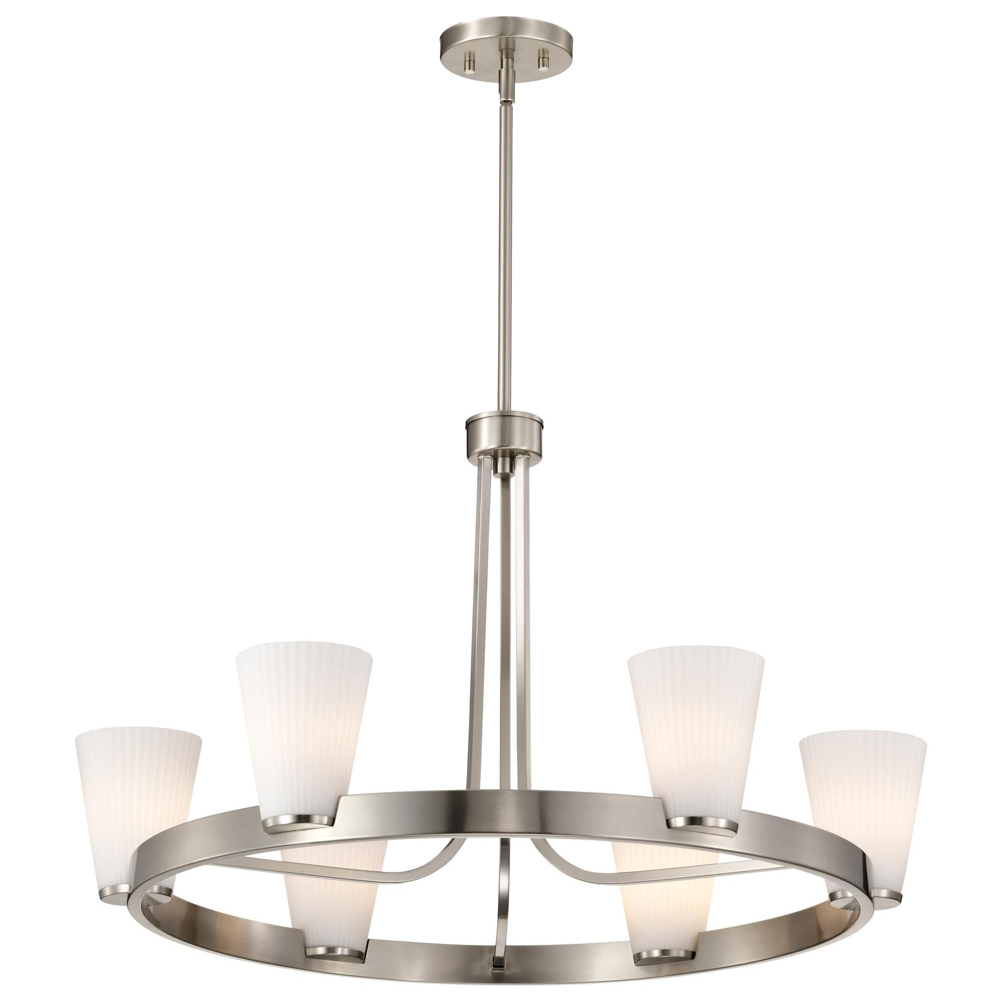 Shown in Brushed Nickel finish and Ribbed White glass