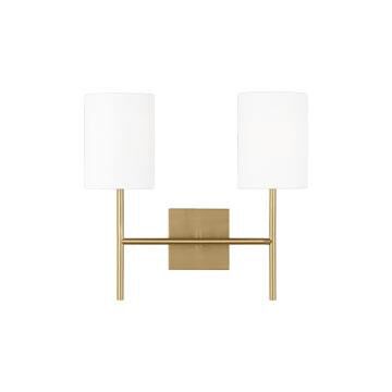 Shown in Burnished Brass finish and White Linen shade