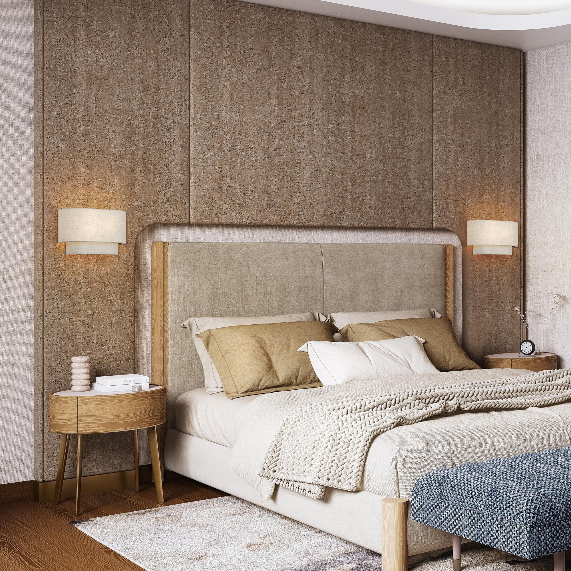 Shown in English Bronze finish and Hand Crafted Oatmeal Color Fabric with White Color Inside shade