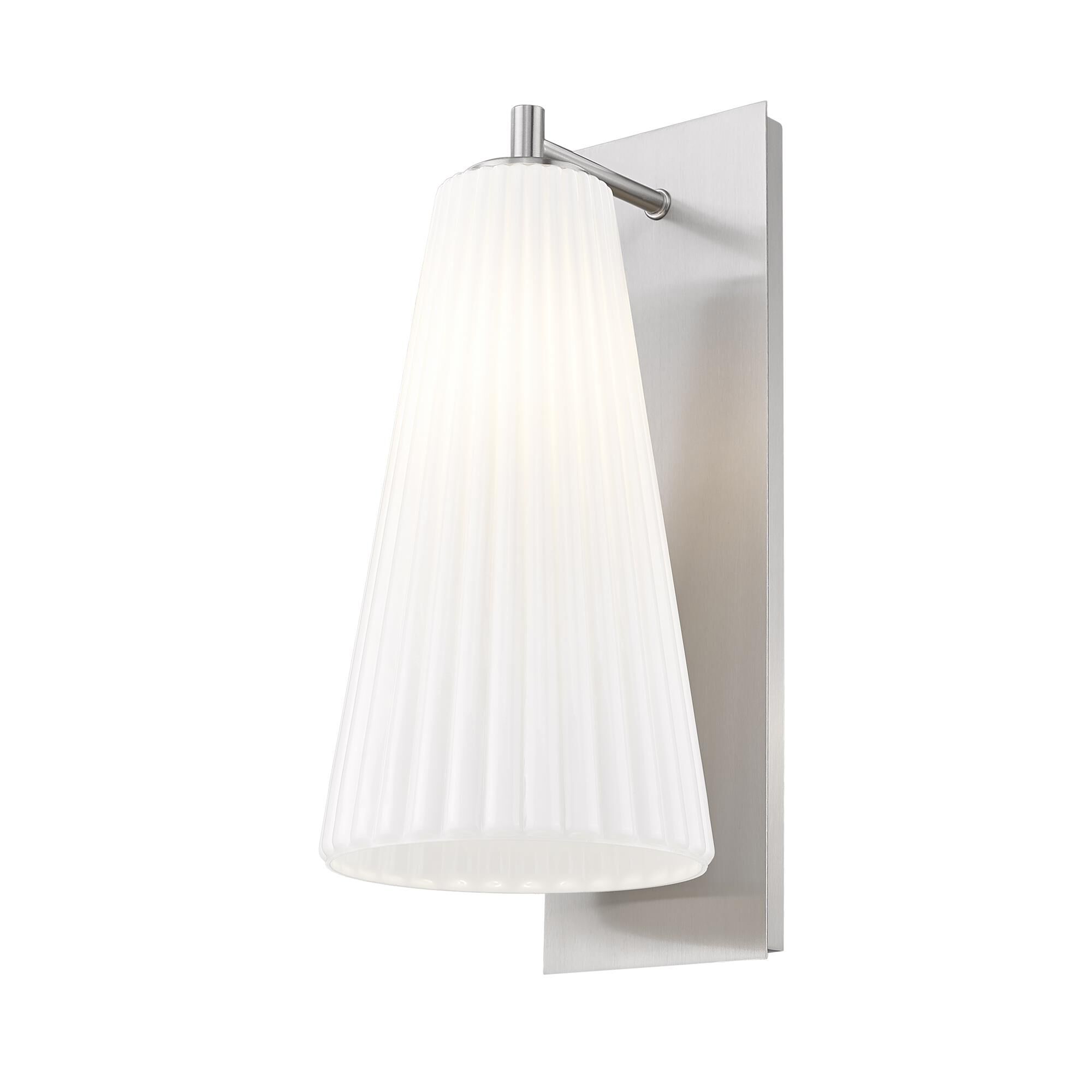 Shown in Brushed Nickel finish and White glass and White shade