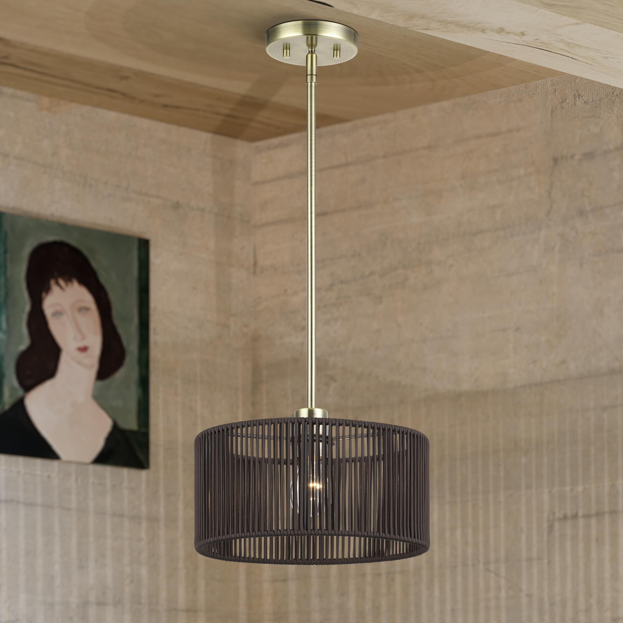 Shown in Antique Brass finish and Hand-Woven Dark Chocolate Color Polyester Rope shade