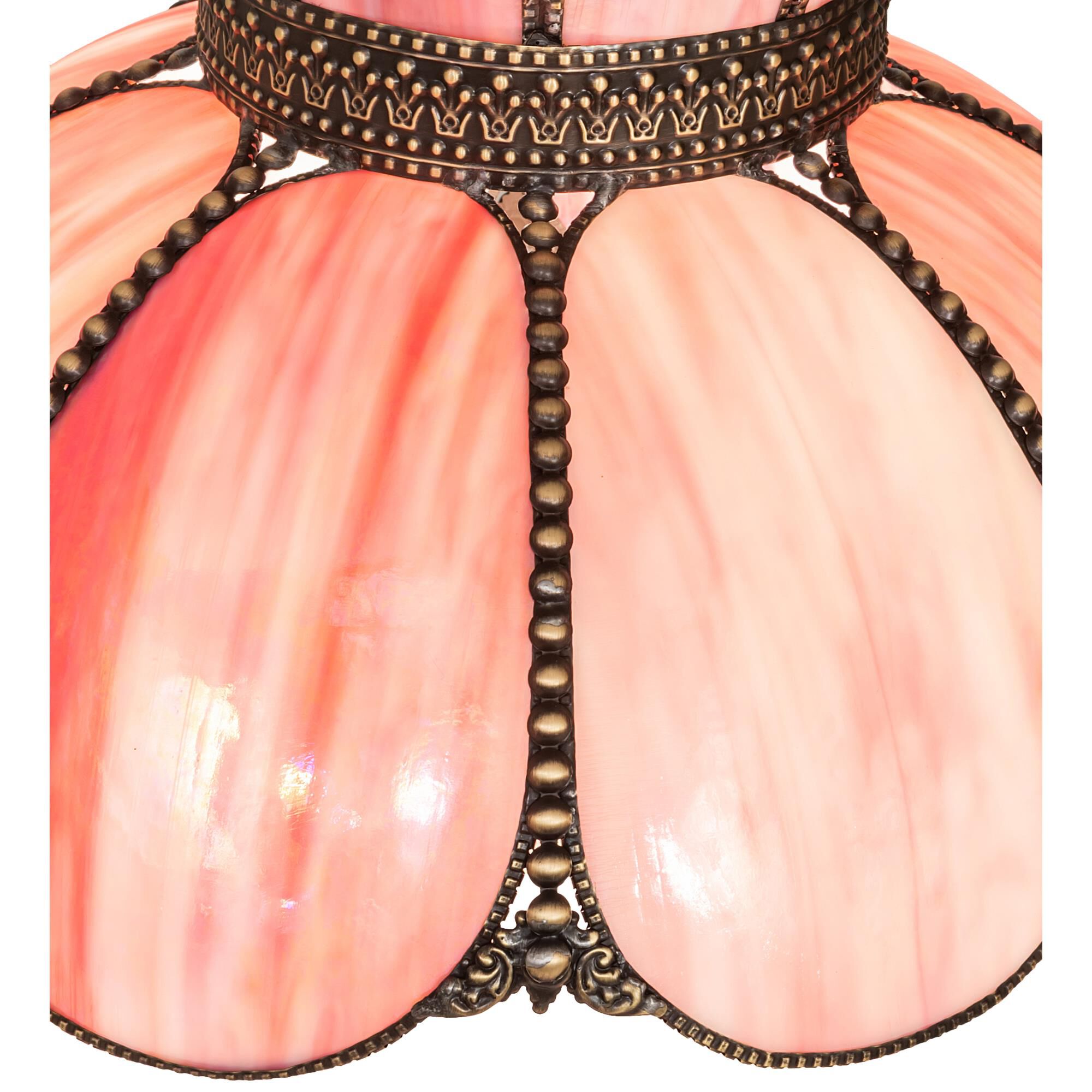 Shown in Antique Finish finish and Pink;Mauve;Iridescent glass