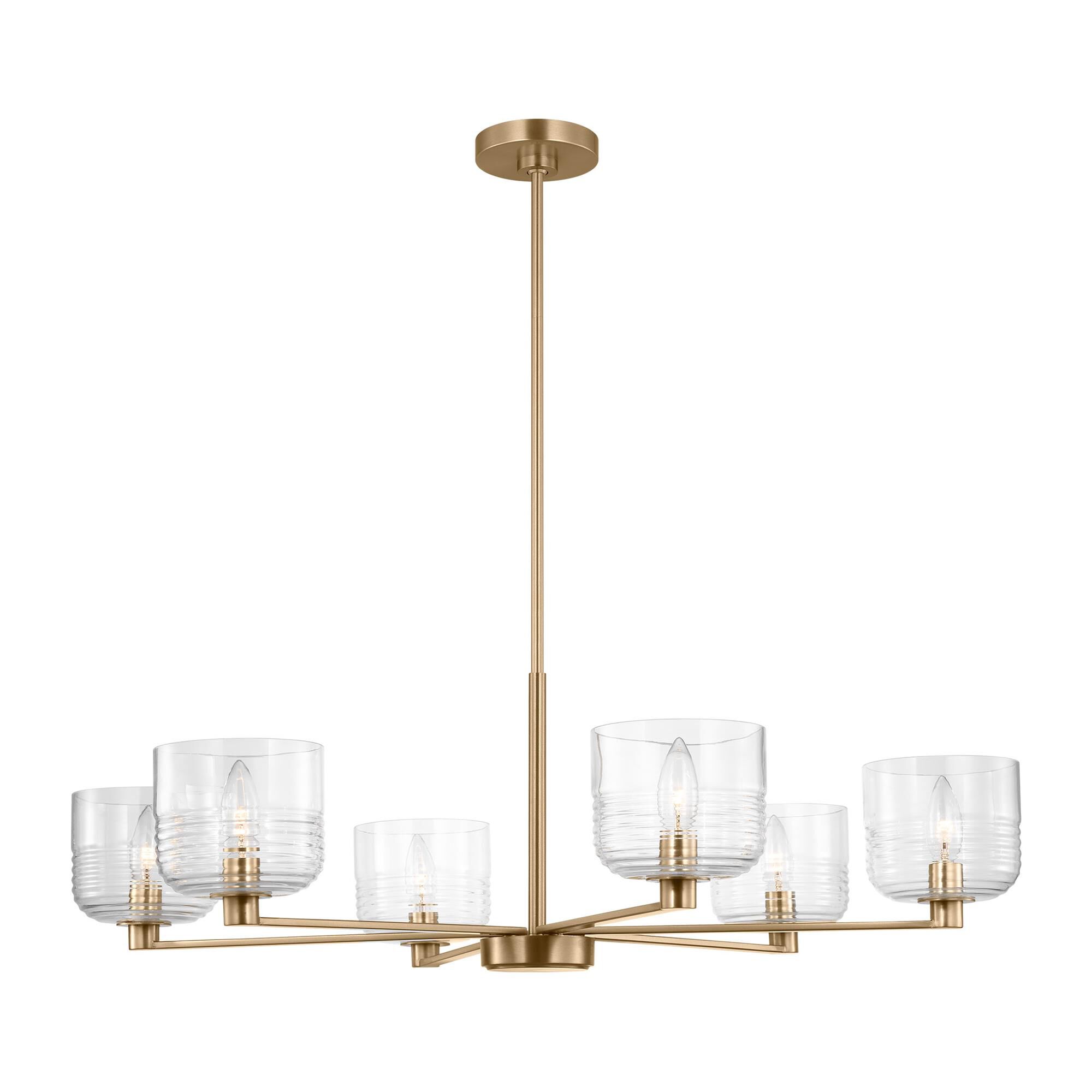Shown in Satin Brass finish and Clear Ribbed glass