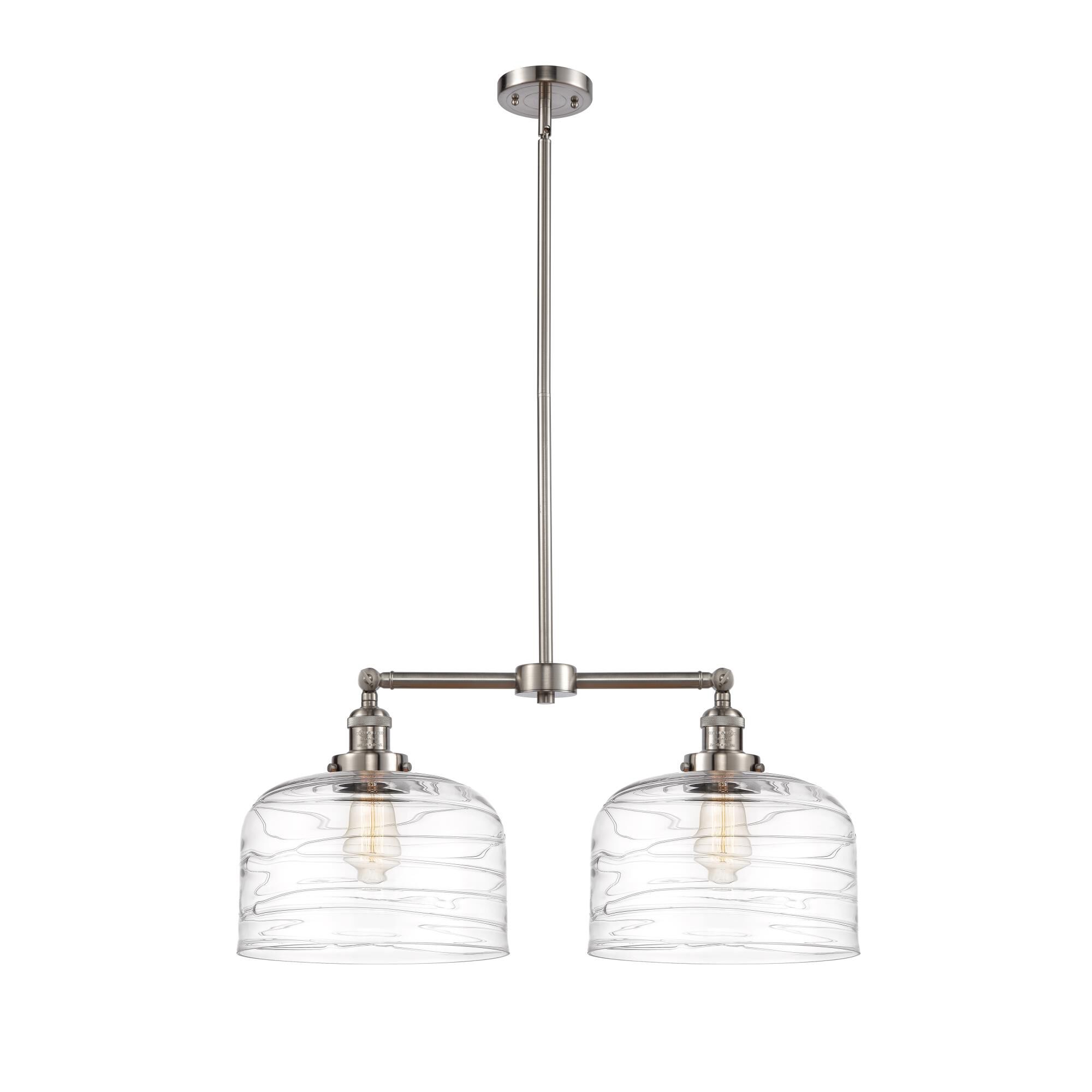 Shown in Brushed Satin Nickel finish and Clear Deco Swirl X-Large Bell glass