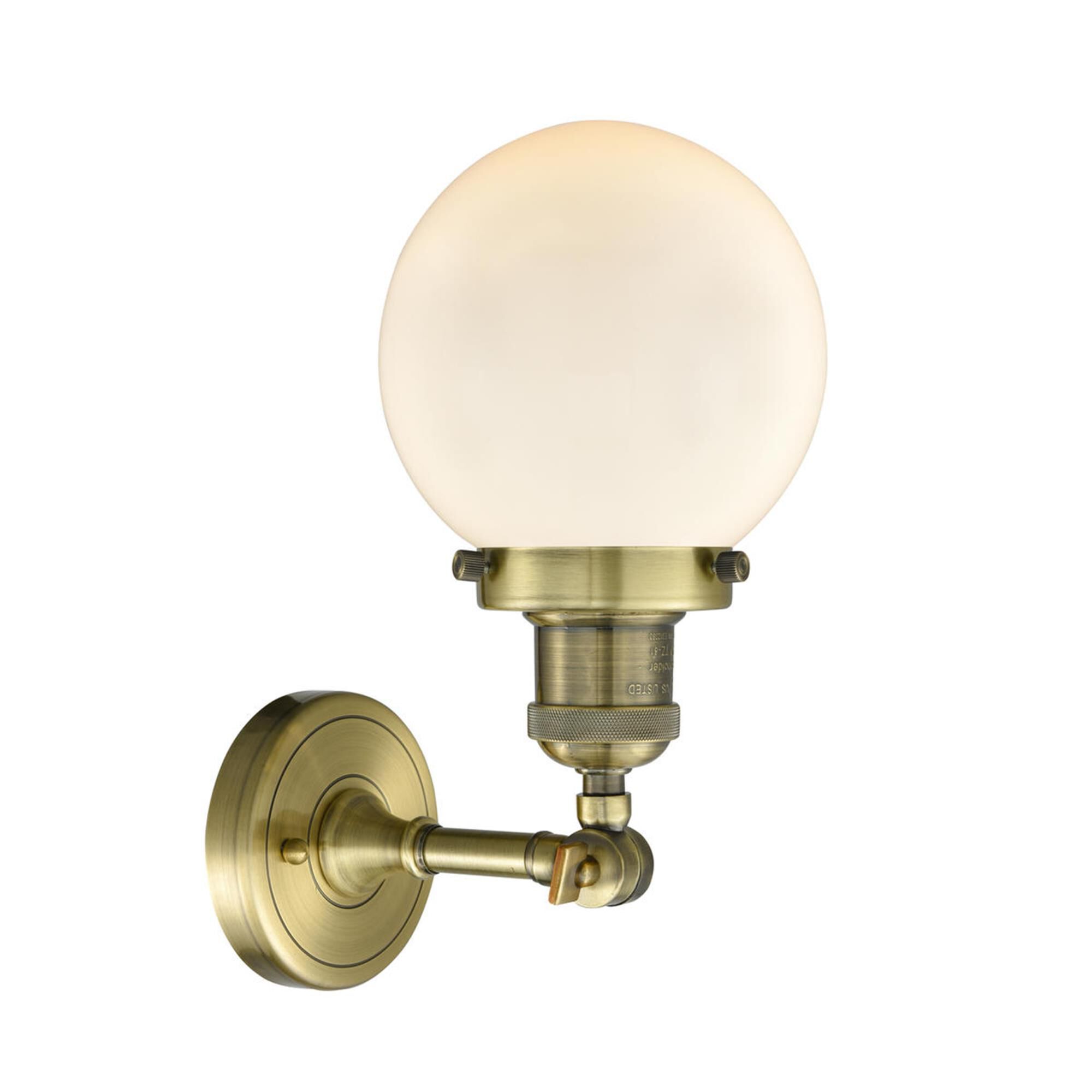 Shown in Antique Brass finish and Matte White Cased glass and No Accent accent