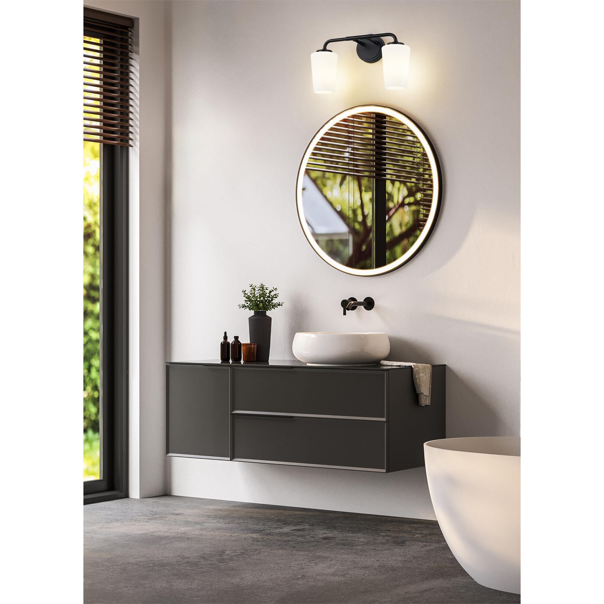 Shown in Matte Black finish and Matte Opal glass and Matte Opal shade
