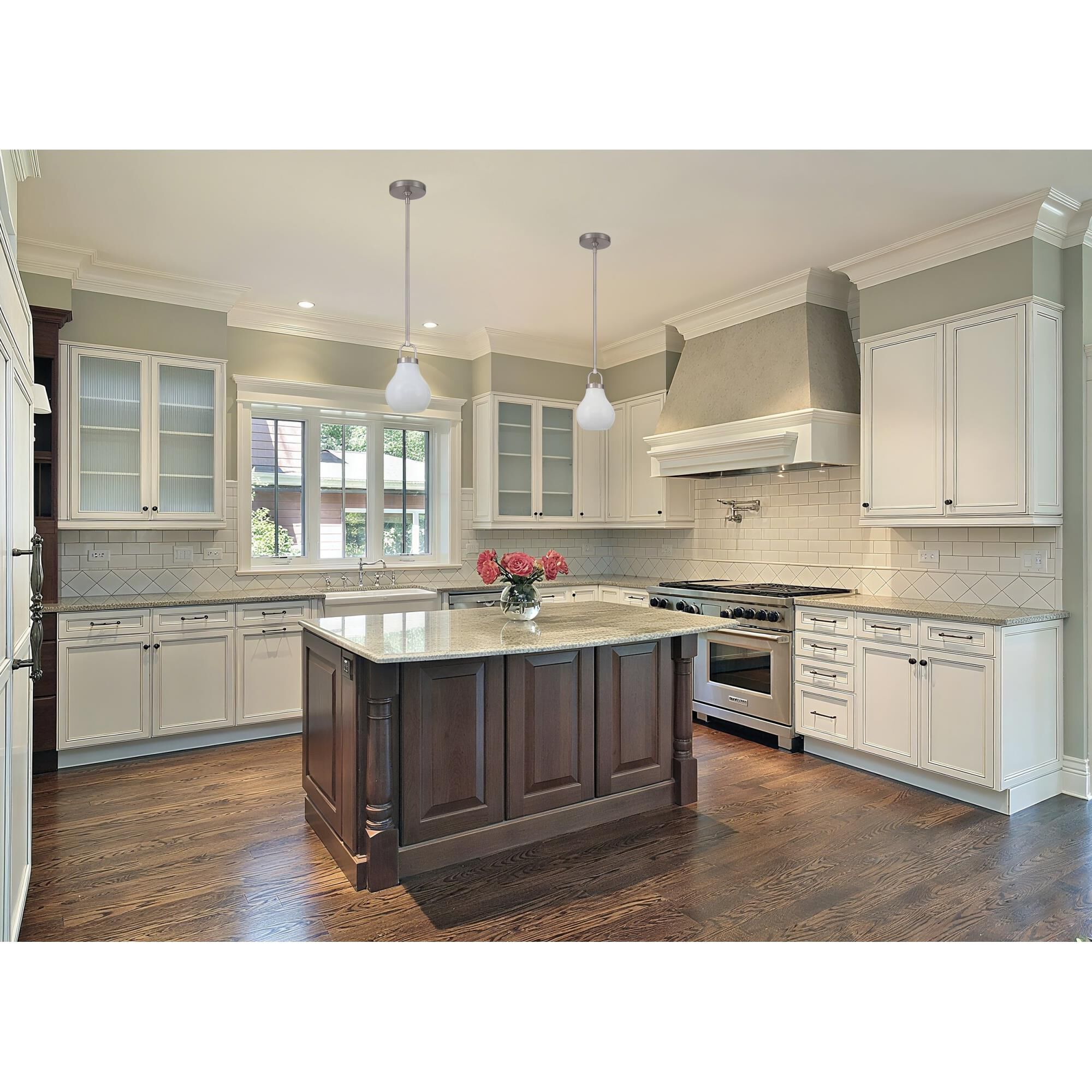 Shown in Champagne Gold finish and Opal glass