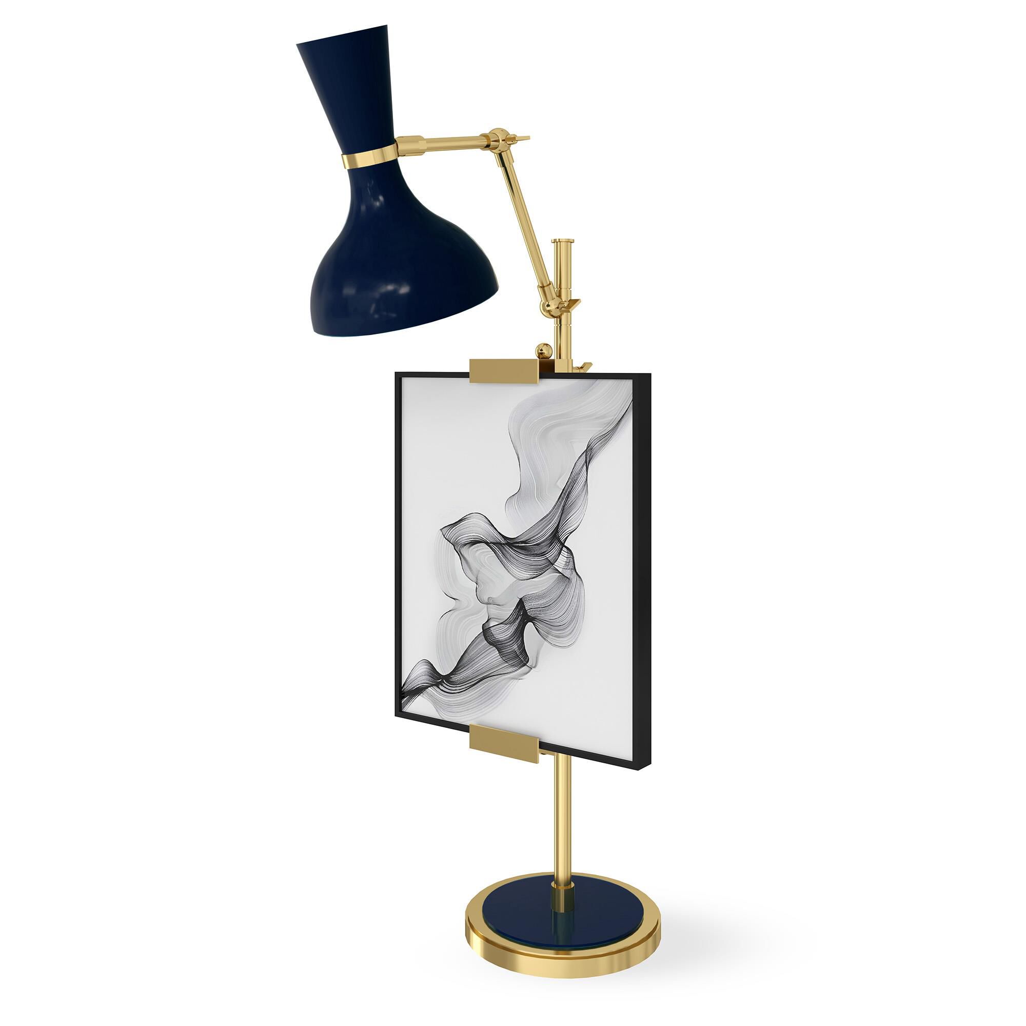 Shown in Modern Brass finish and Midnight Blue shade