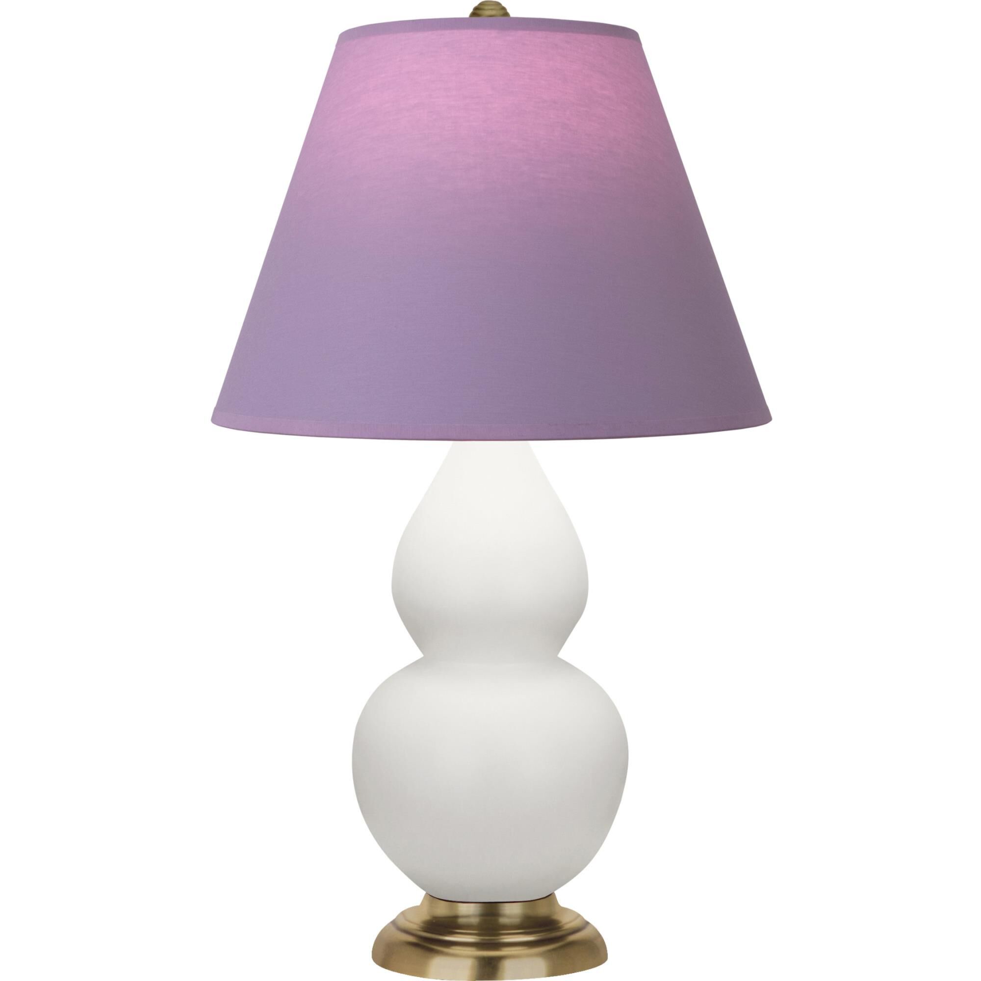 Shown in Matte Lily finish and Lavender and Plum shade and Antique Natural Brass accent