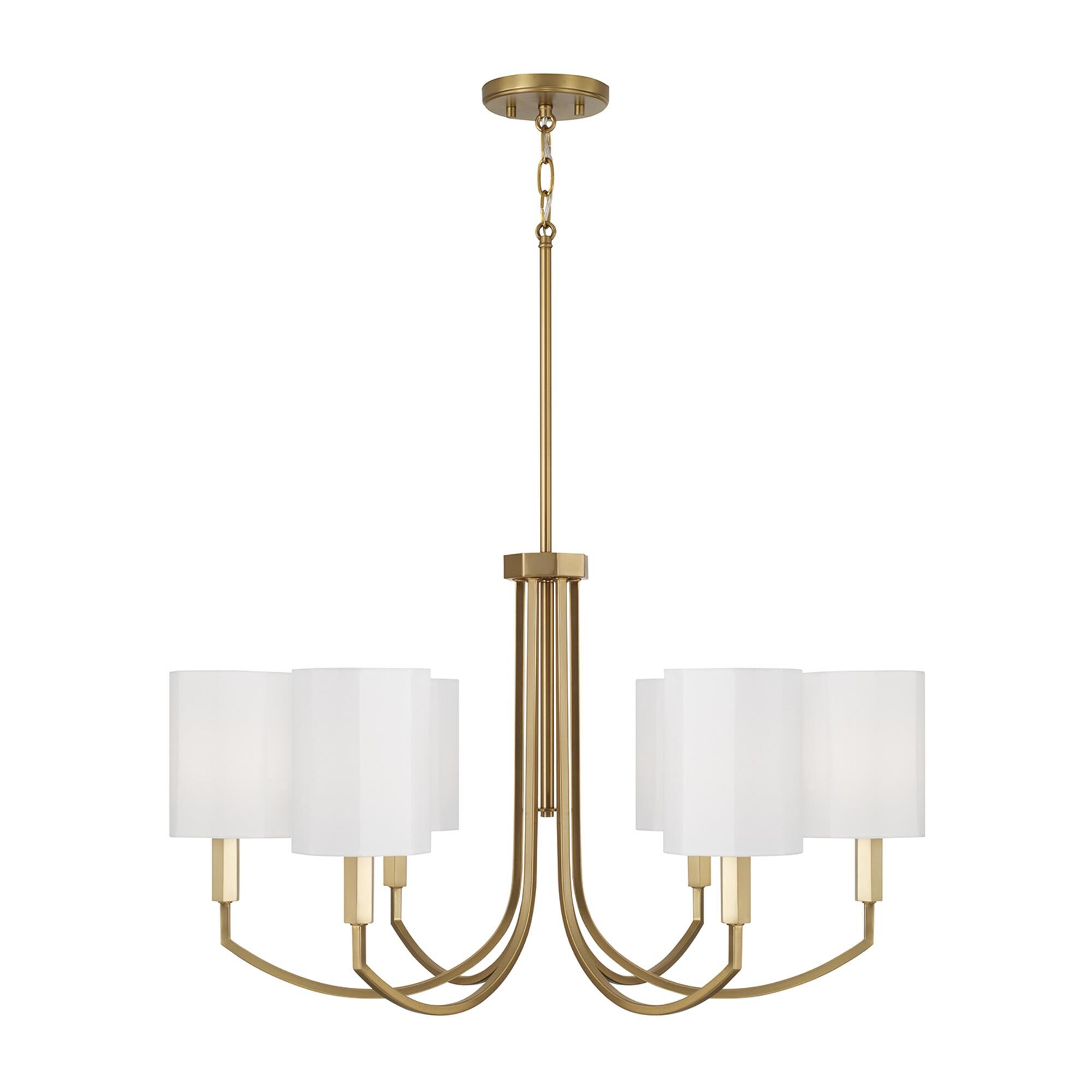 Shown in Aged Brass finish and White Fabric Octagonal s shade