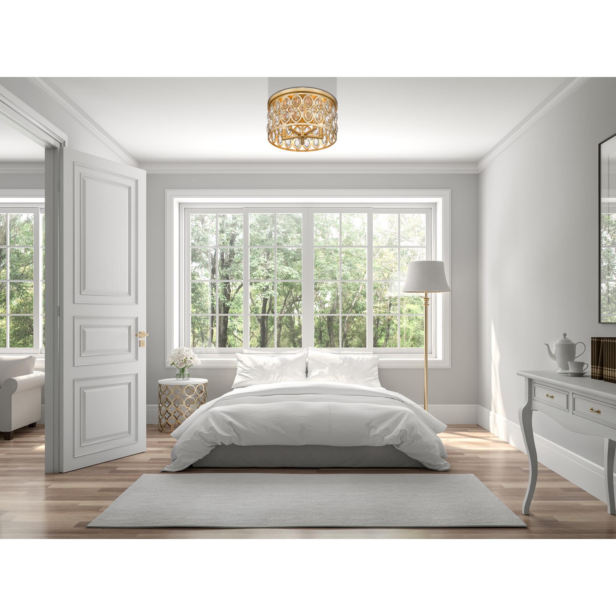 Shown in Heirloom Brass finish and Clear Crystal glass