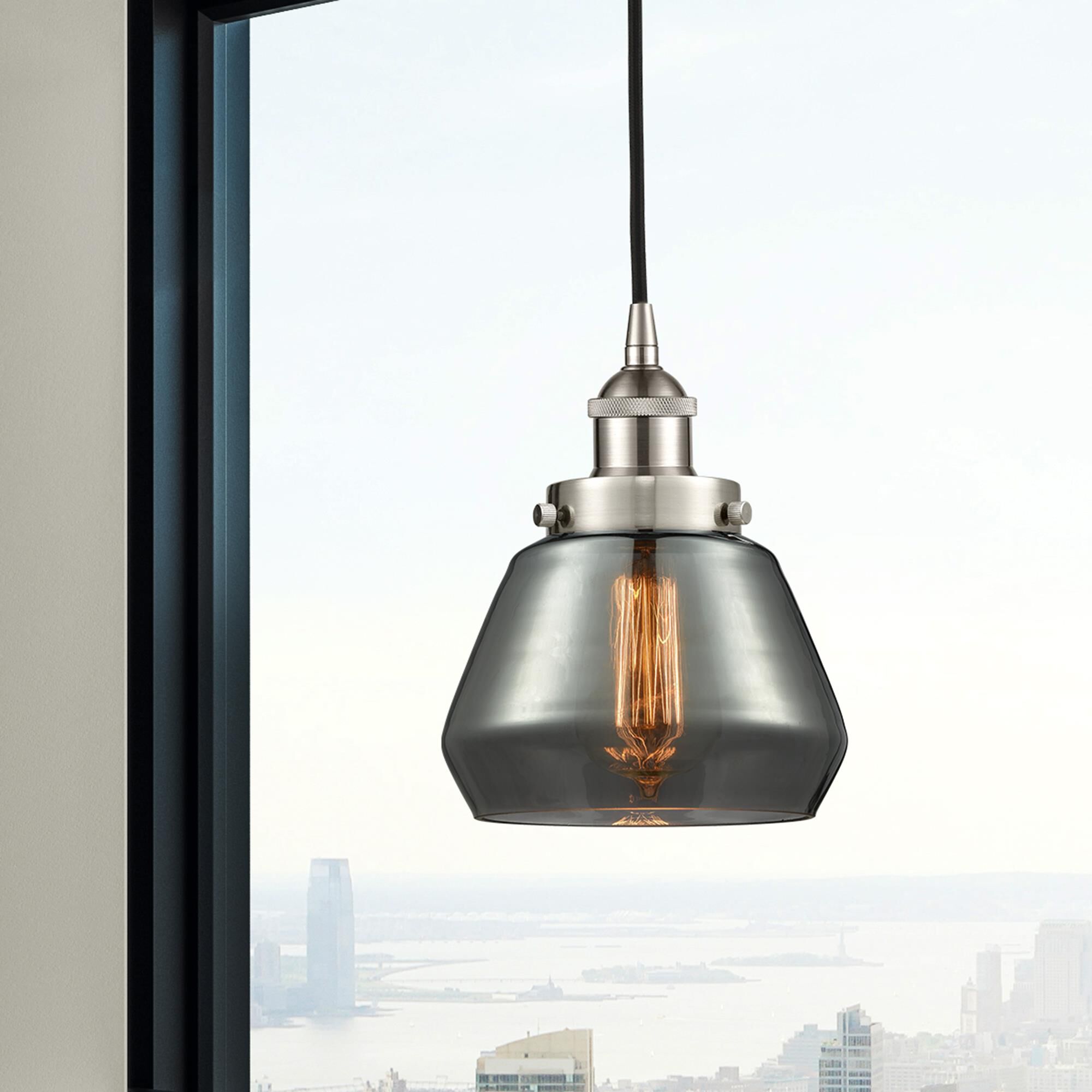 Shown in Brushed Satin Nickel finish and Plated Smoke glass