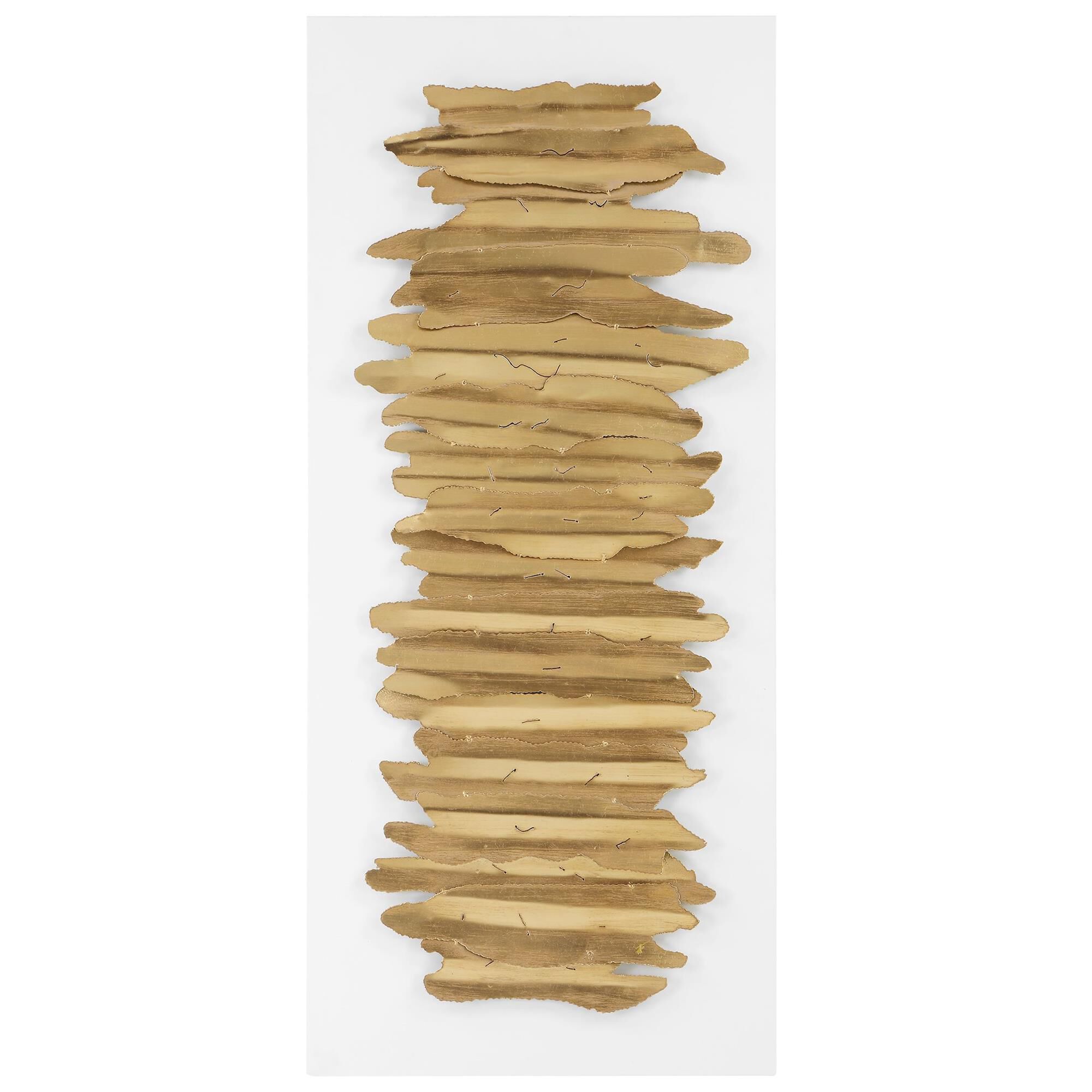 Shown in Iron Wall Art Featuring Layers Of Metal Strips With Crude Edging, Finished In An Antique Gold Leaf A finish