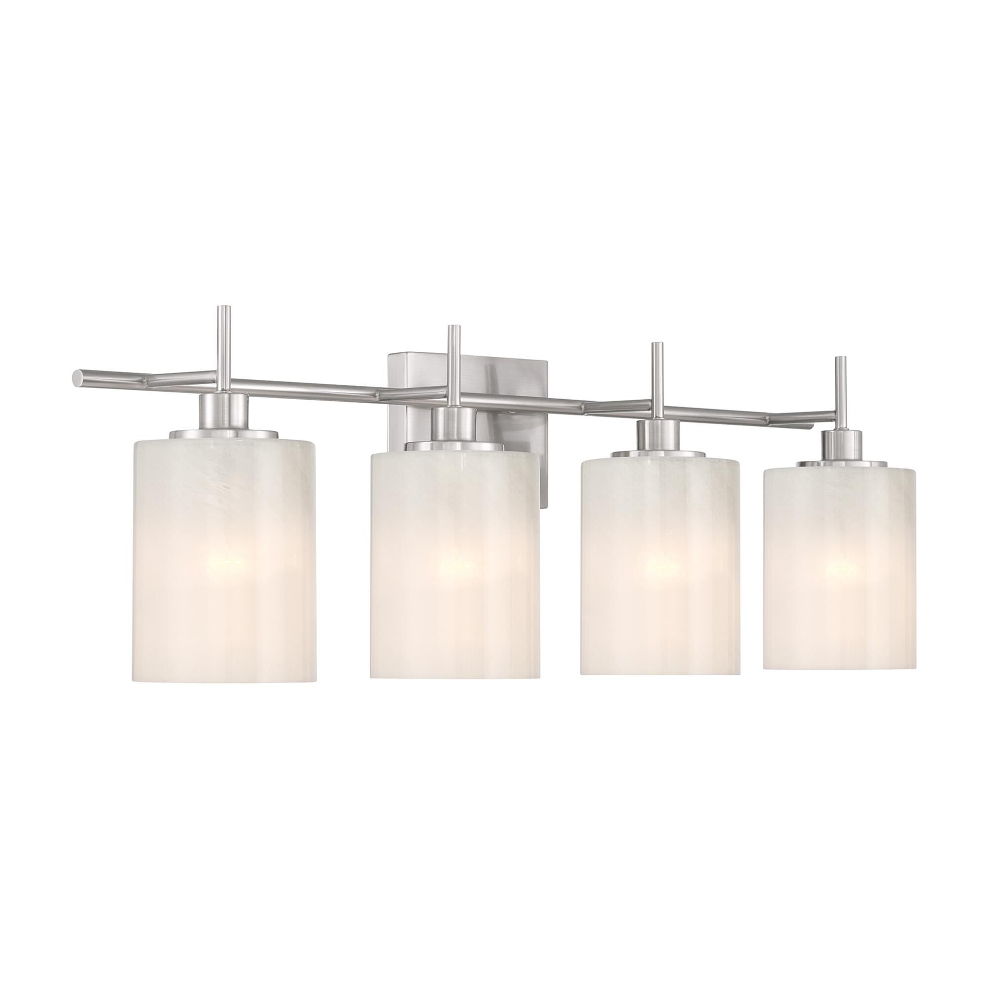 Shown in Brushed Nickel finish and White Strie glass