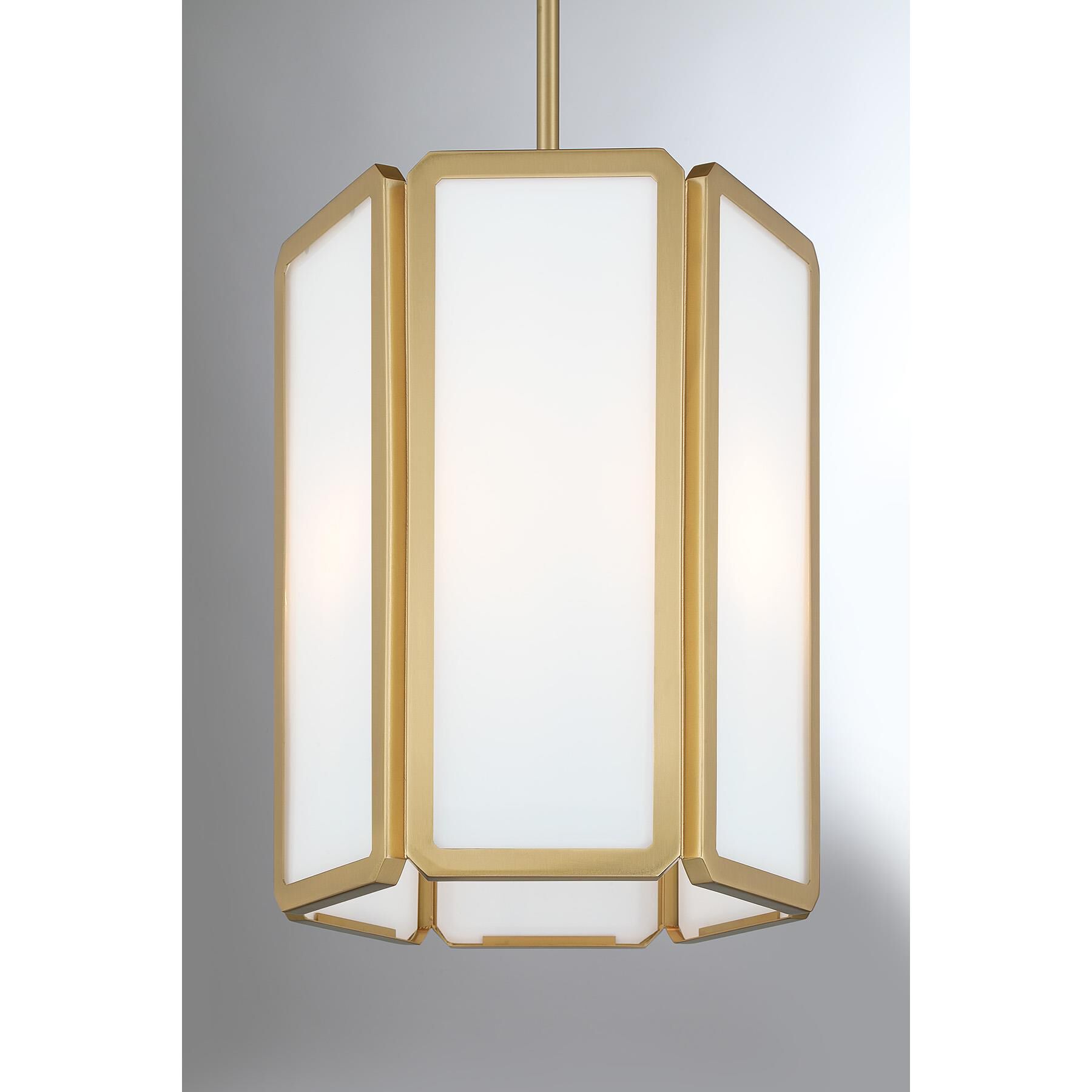 Shown in Warm Brass finish and White Opal glass