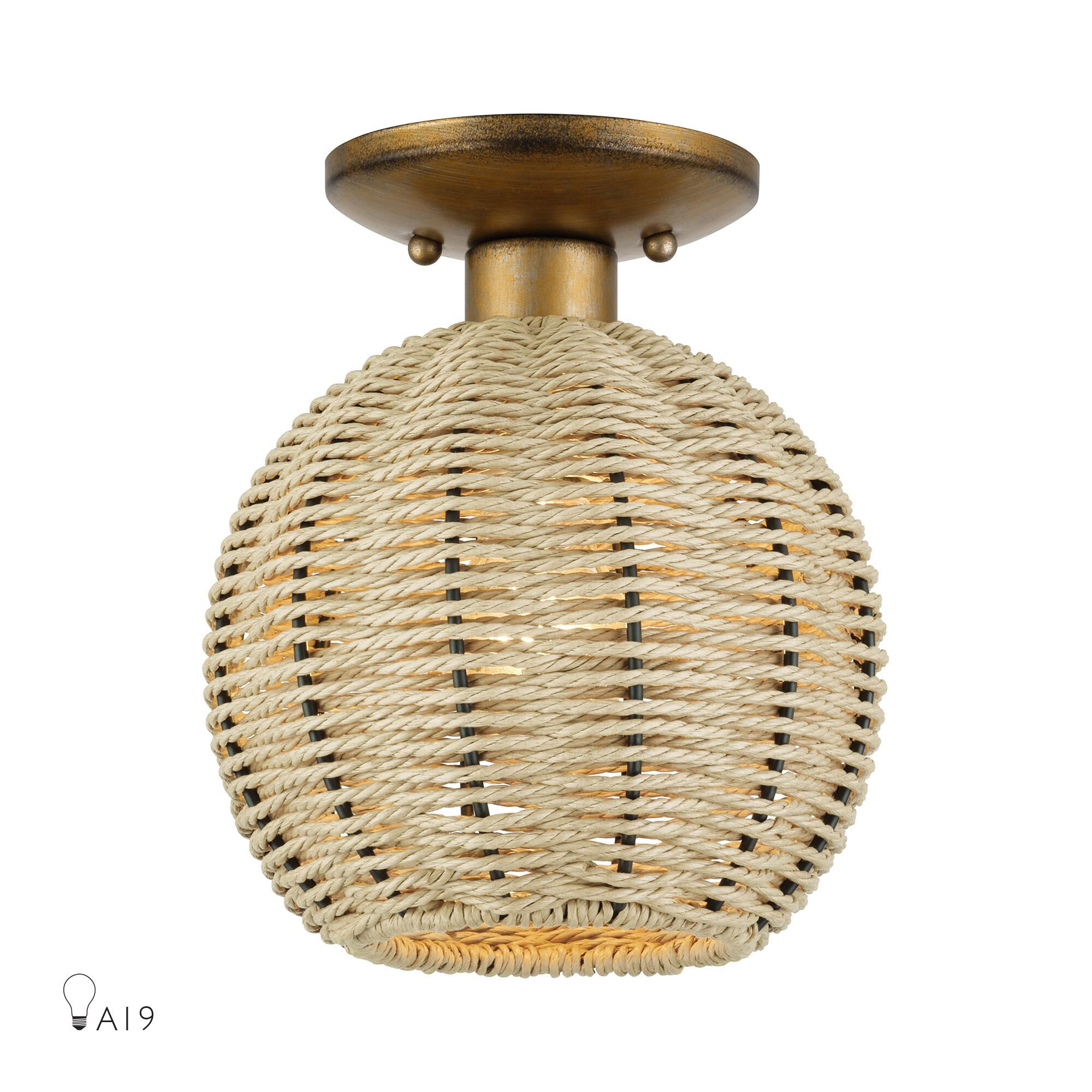 Shown in Antique Gold Leaf finish and Hand-Woven French Beige Paper Rope shade