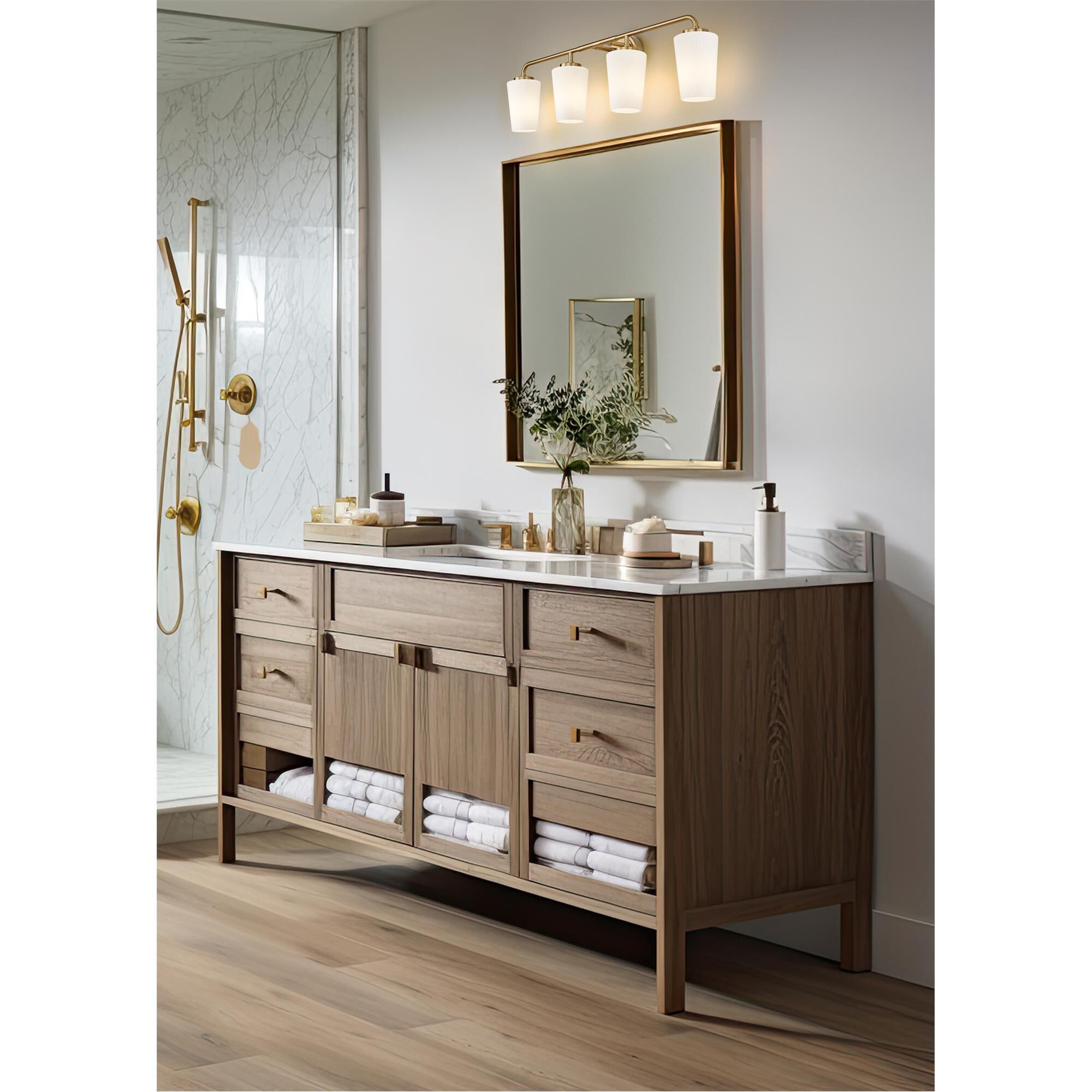 Shown in Modern Gold finish and Matte Opal glass and Matte Opal shade