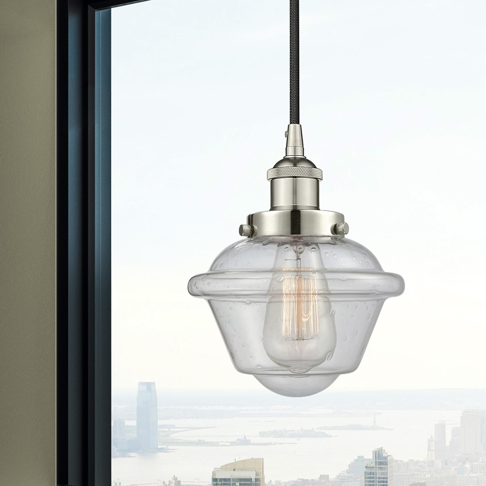 Shown in Polished Nickel finish and Seedy Small Oxford glass