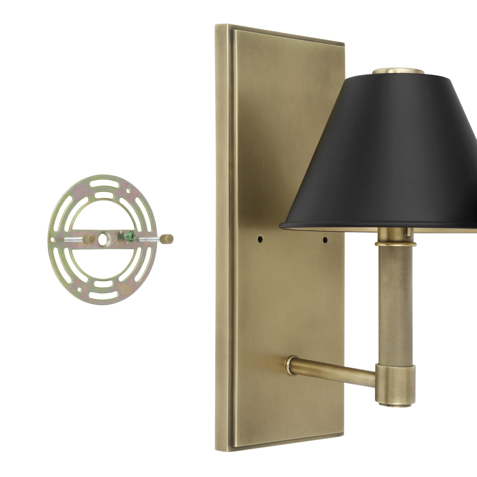 Shown in Natural Brass finish and Matte Black, Gold shade