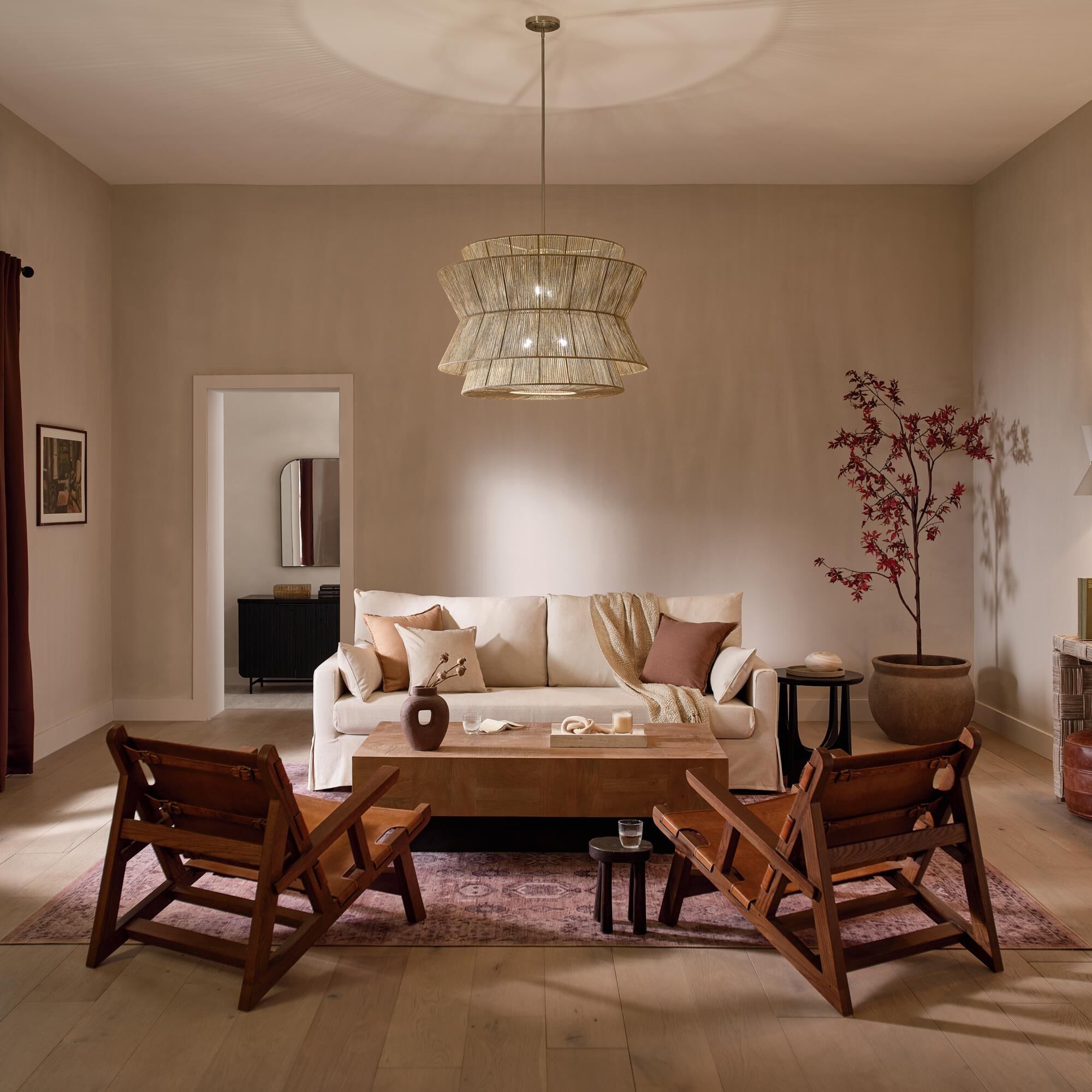 Shown in Champagne Bronze finish and Natural Fibers Textured shade