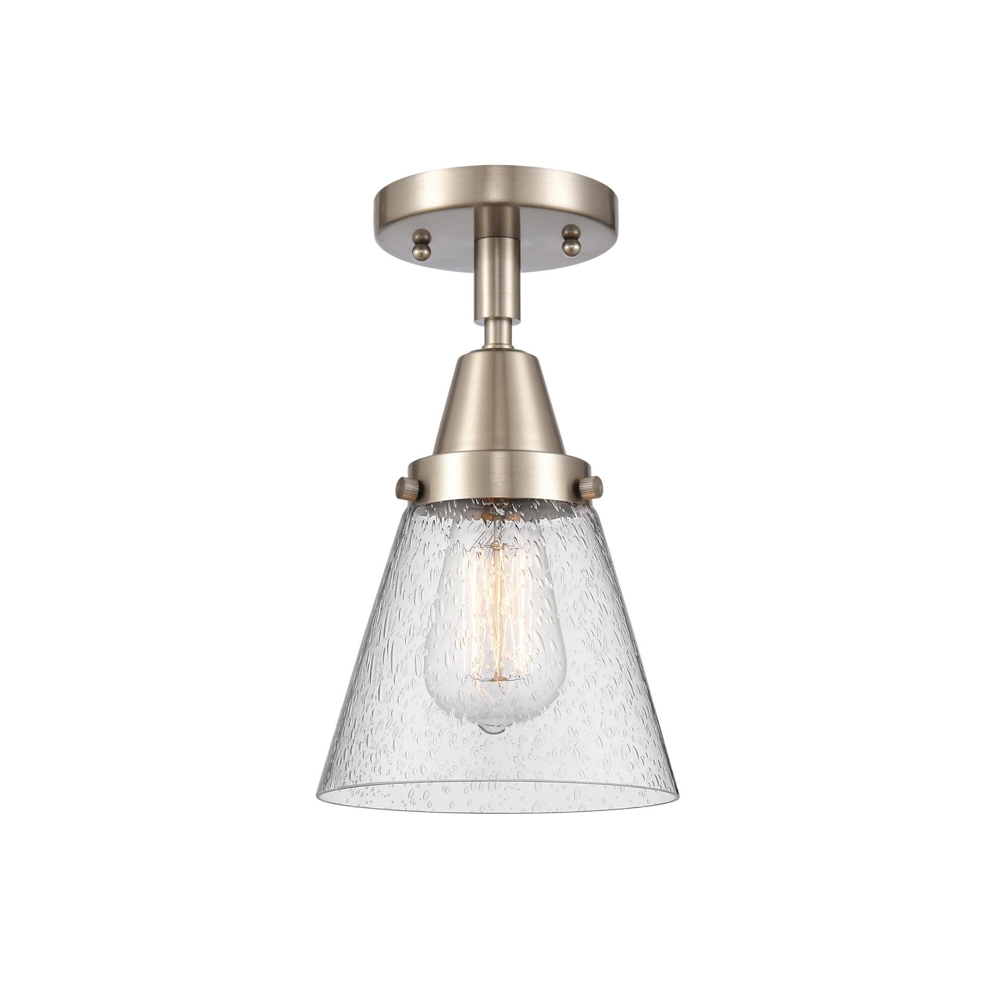 Shown in Brushed Satin Nickel finish and Seedy Small Cone glass
