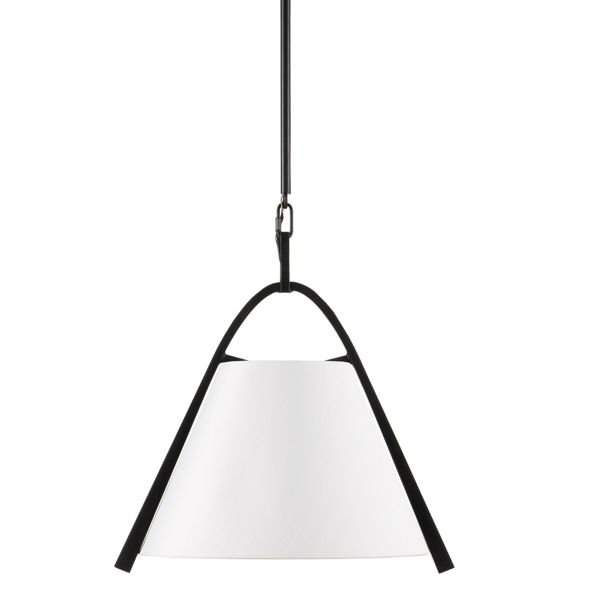 Shown in Satin Black/Brushed Brown finish and Off-White Shantung shade