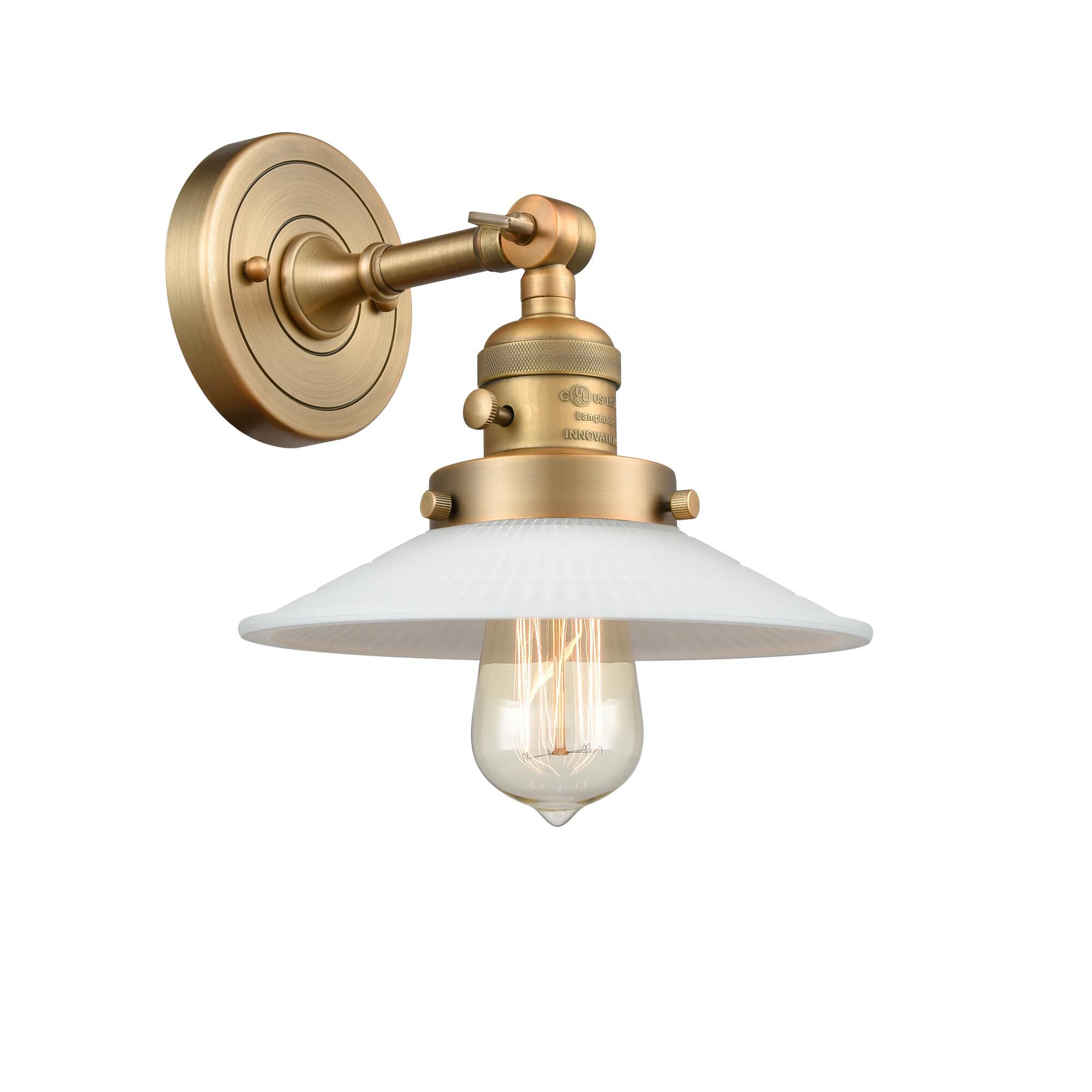 Shown in Brushed Brass finish and Matte White Halophane - Cone glass