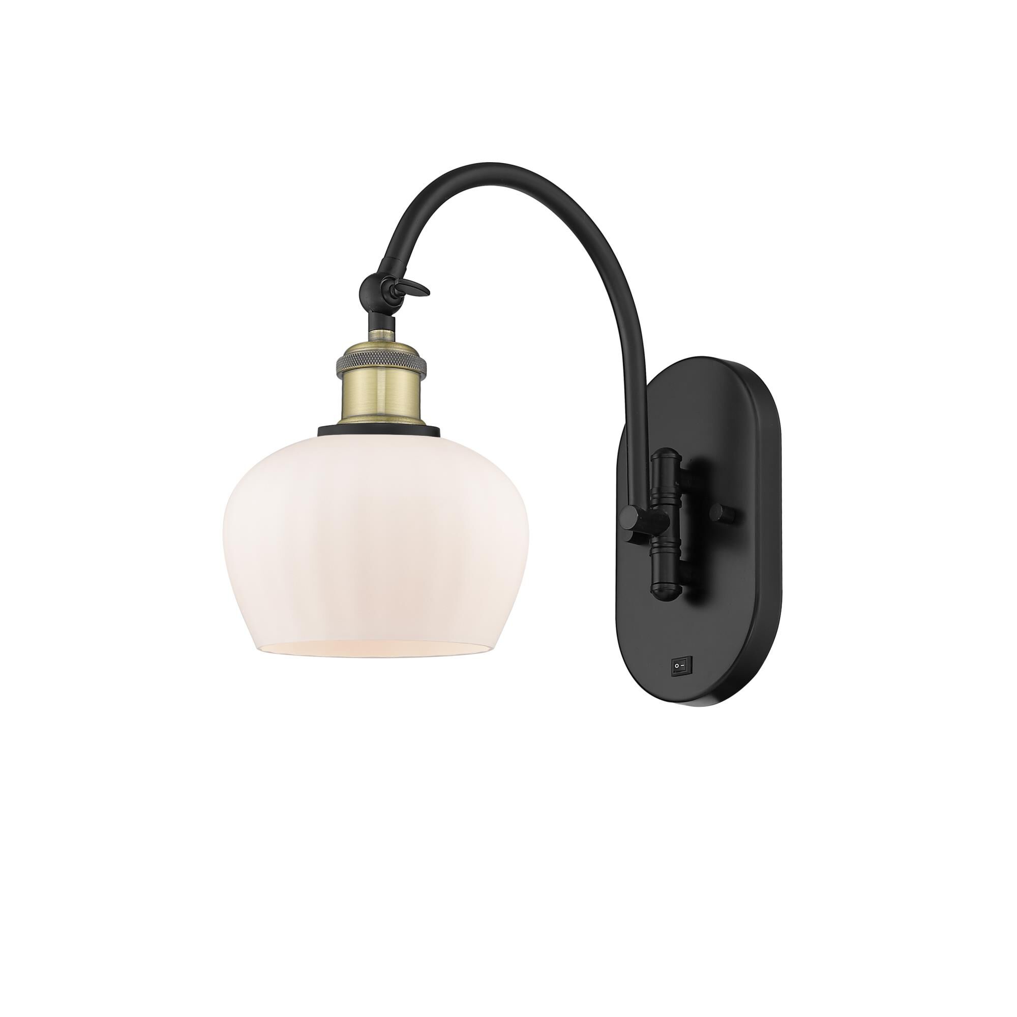 Shown in Black Antique Brass finish and Matte White glass