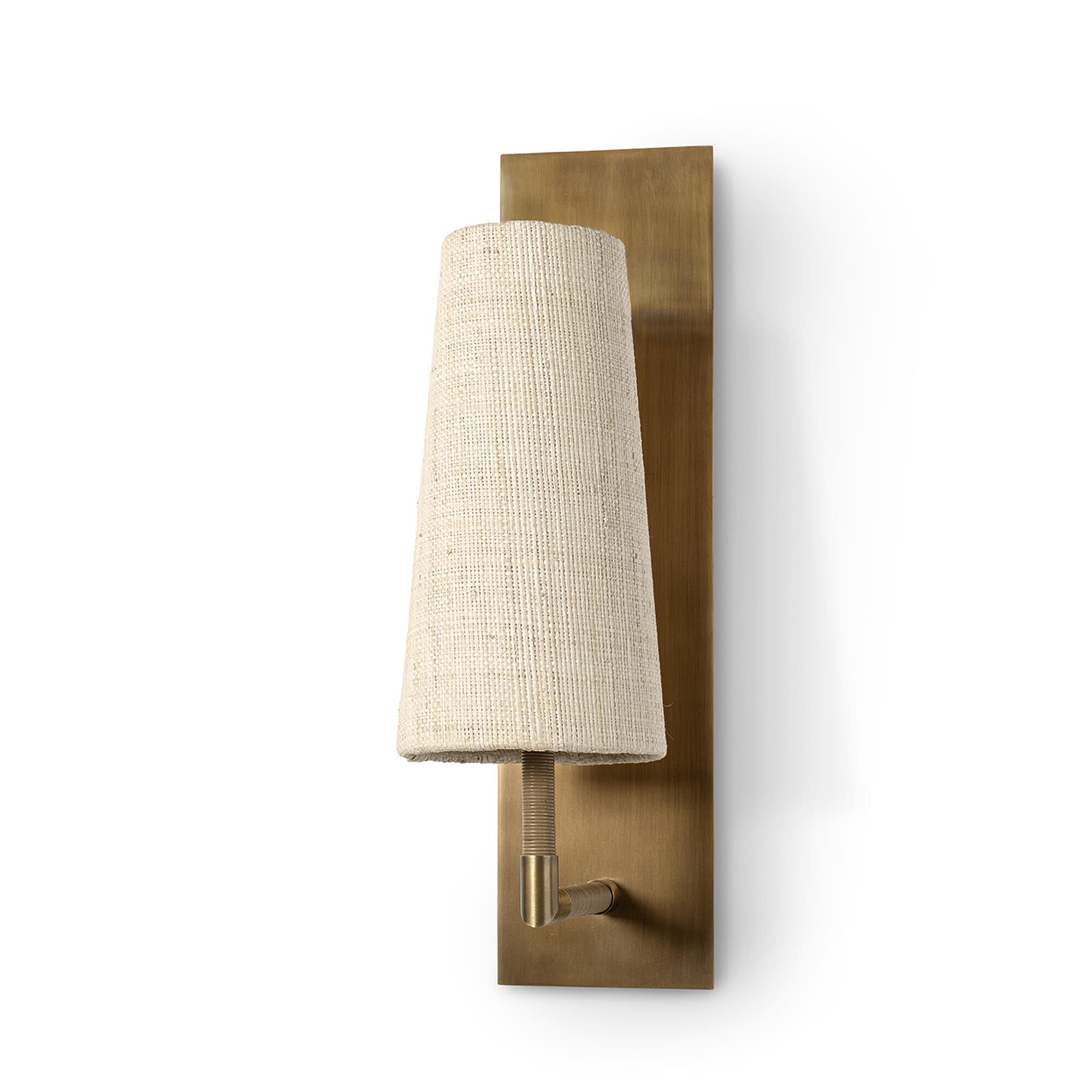 Shown in Antique Brass finish and Raffia  shade