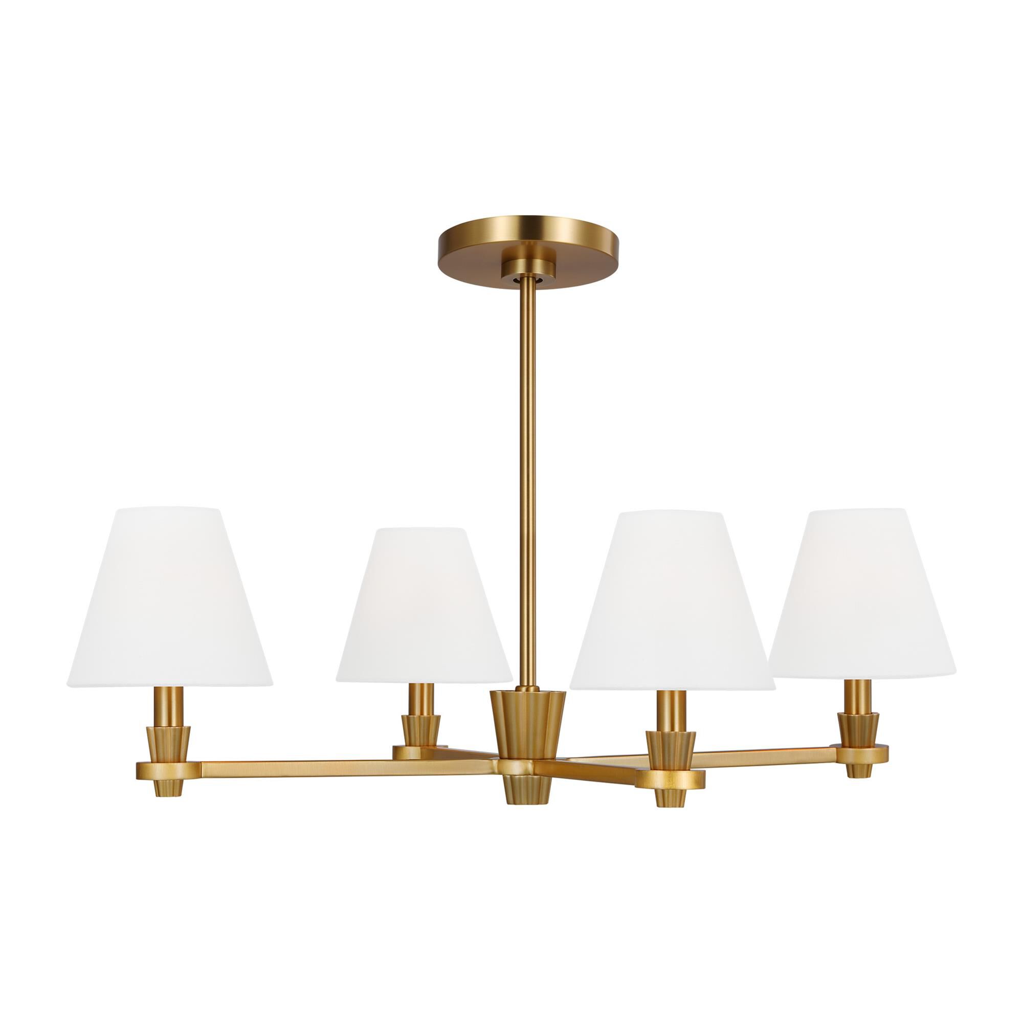 Shown in Burnished Brass finish and White Linen Fabric s shade