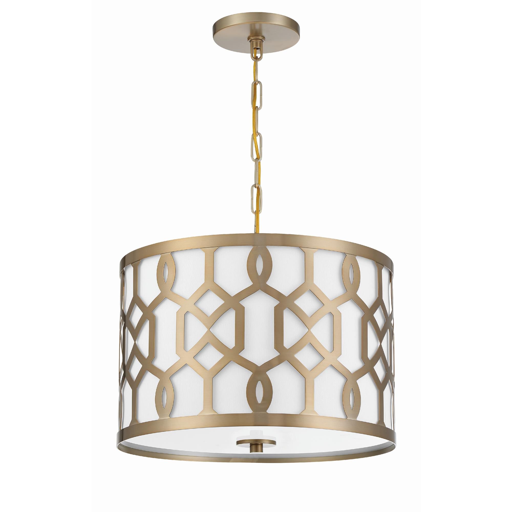 Shown in Aged Brass finish and Silk glass and White shade