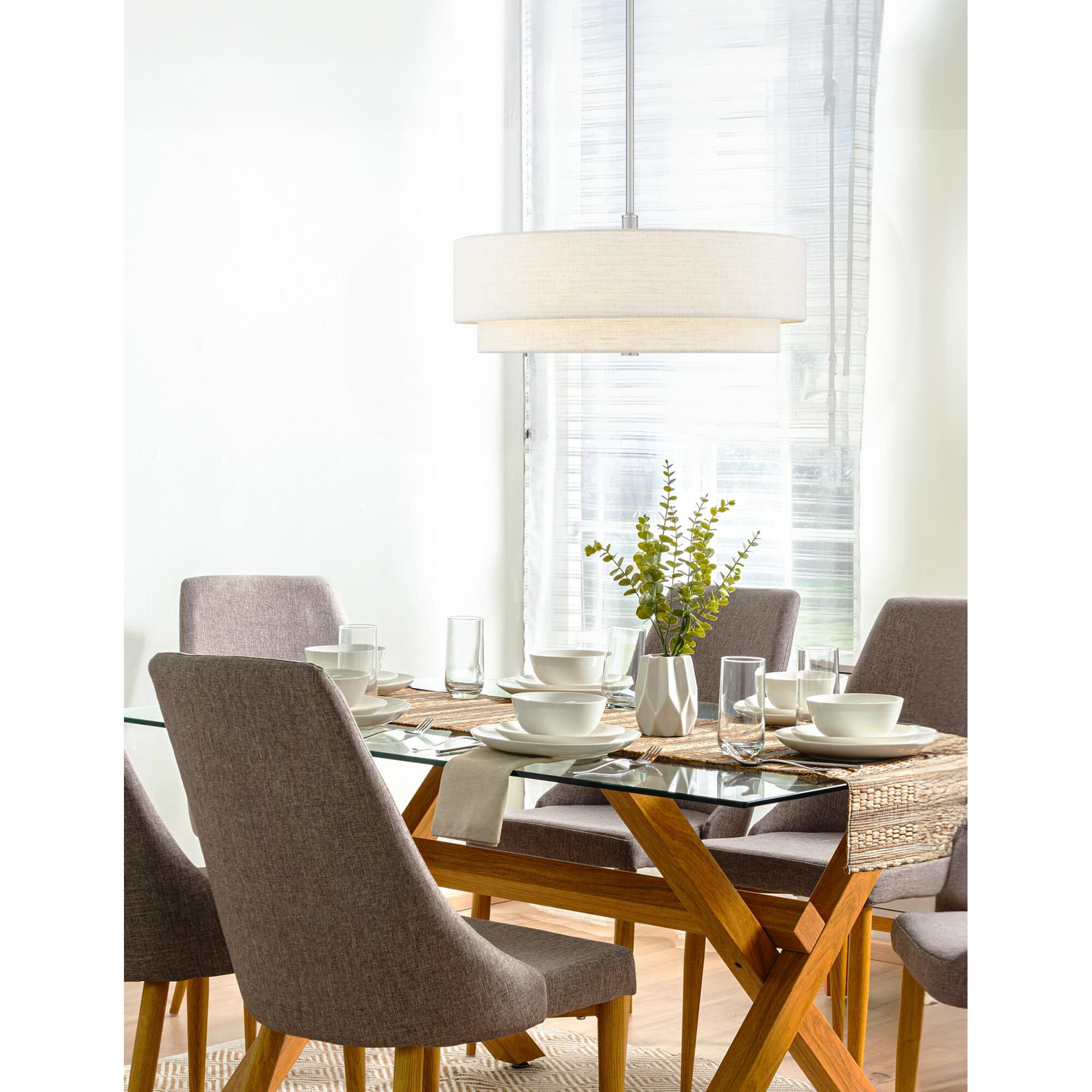 Shown in Brushed Nickel finish and White Woven Fabric shade