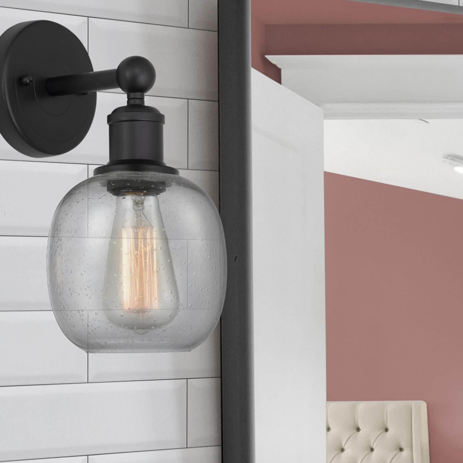 Shown in Matte Black  finish and Seedy glass