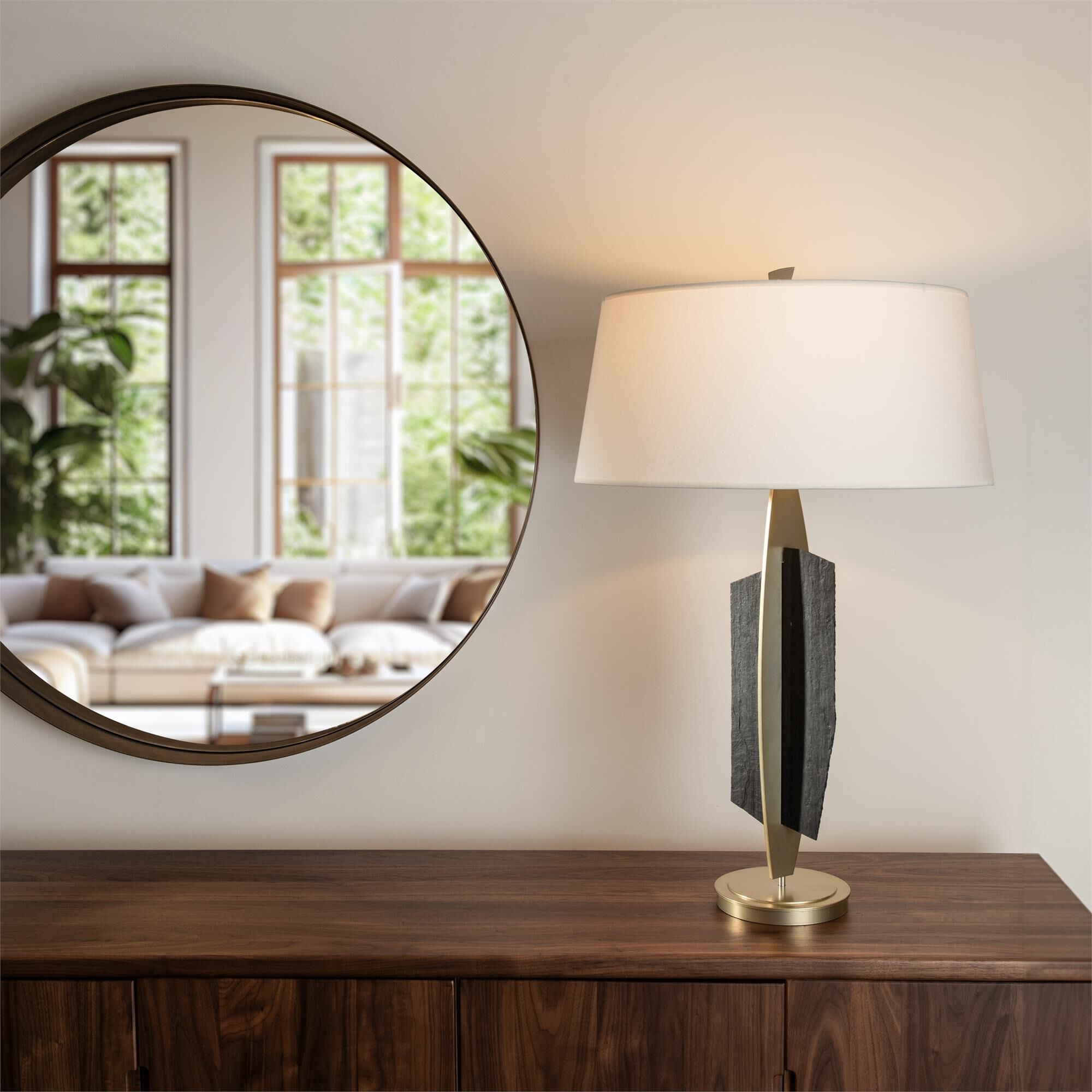 Shown in Modern Brass and Slate finish and Natural Anna shade