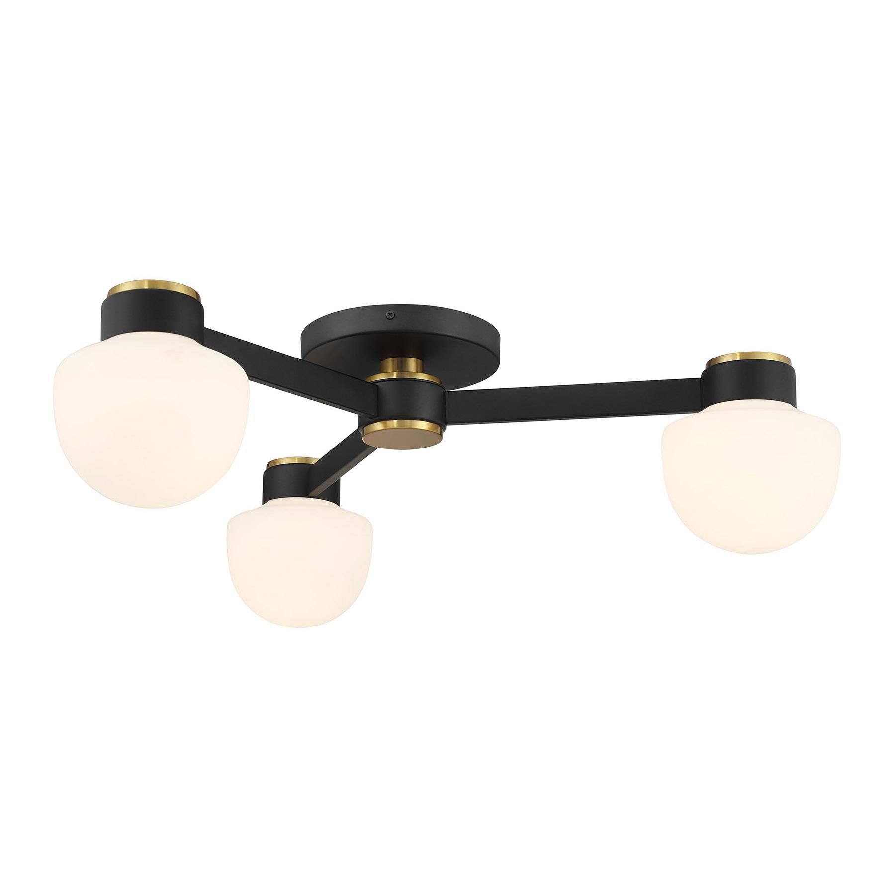 Shown in Matte Black and Natural Brass finish and White Opal glass