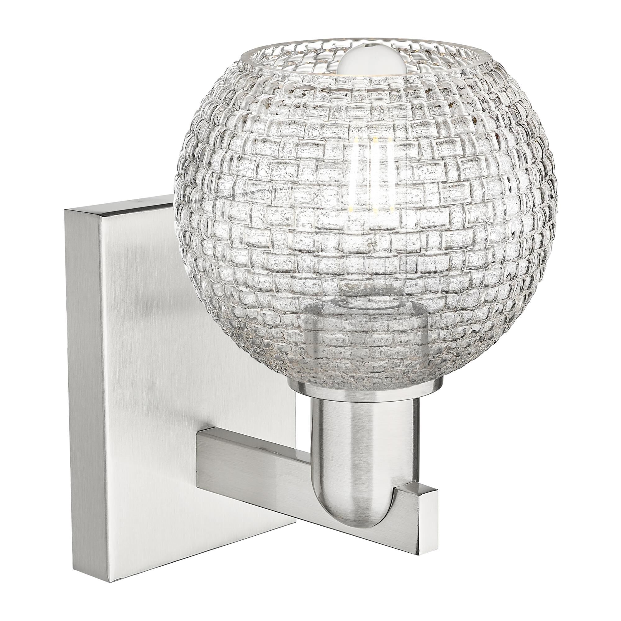 Shown in Brushed Satin Nickel finish and Clear Basketweave glass