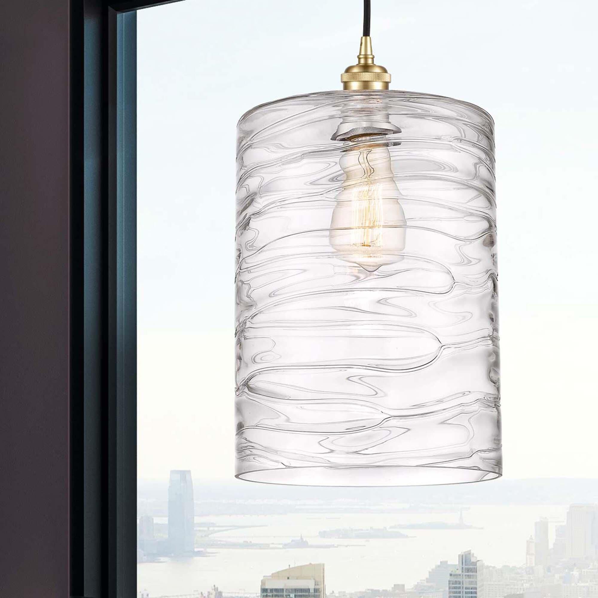 Shown in Satin Gold finish and Deco Swirl glass and Cord Hung accent