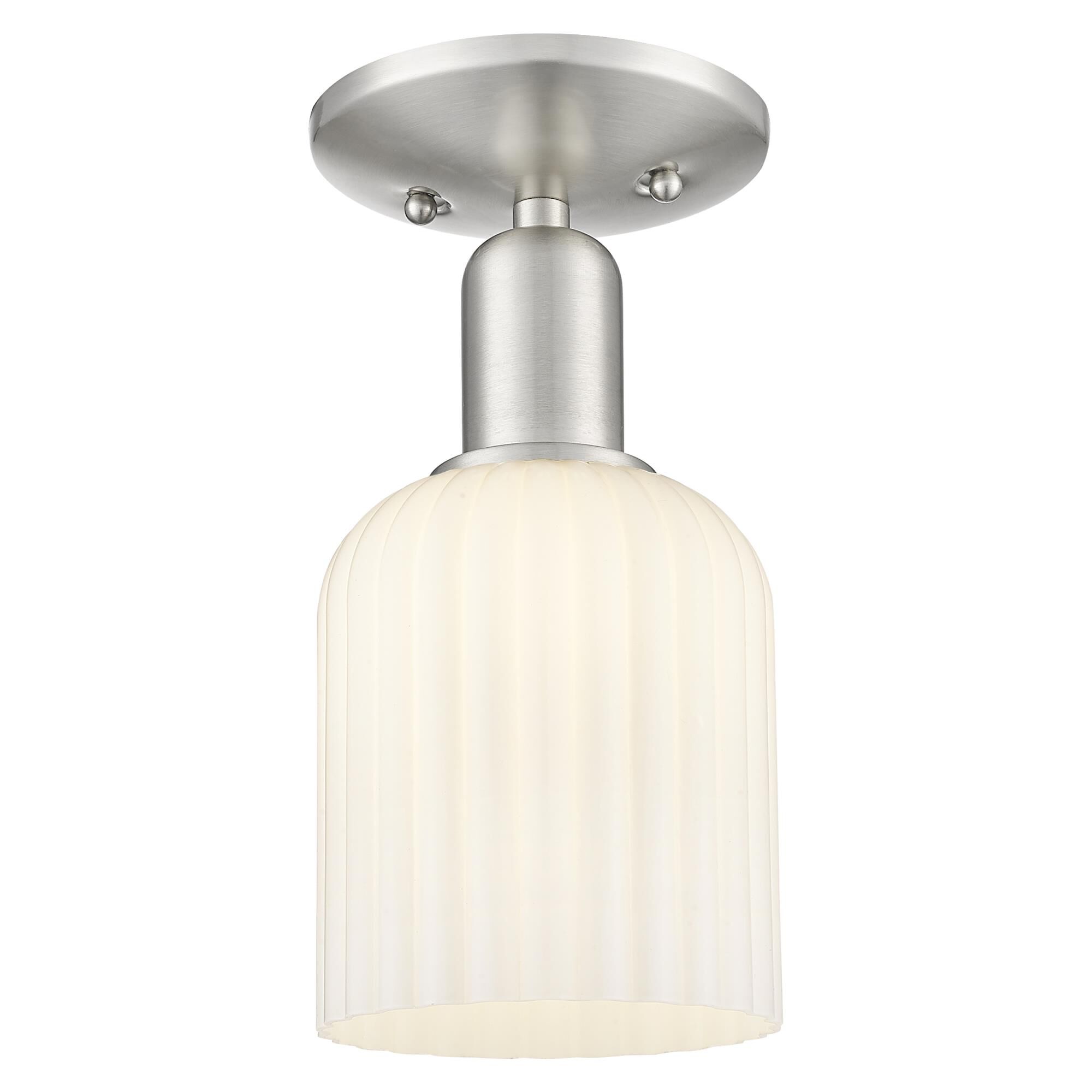 Shown in Brushed Satin Nickel finish and Gloss White glass